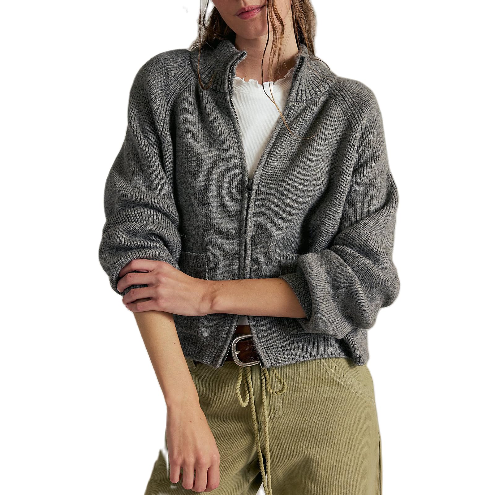 Women Knit Zip Up Cardigan Tops Y2k Long Sleeve Knitted Sweaters Zipper Chunky Cropped Jacket with Pockets