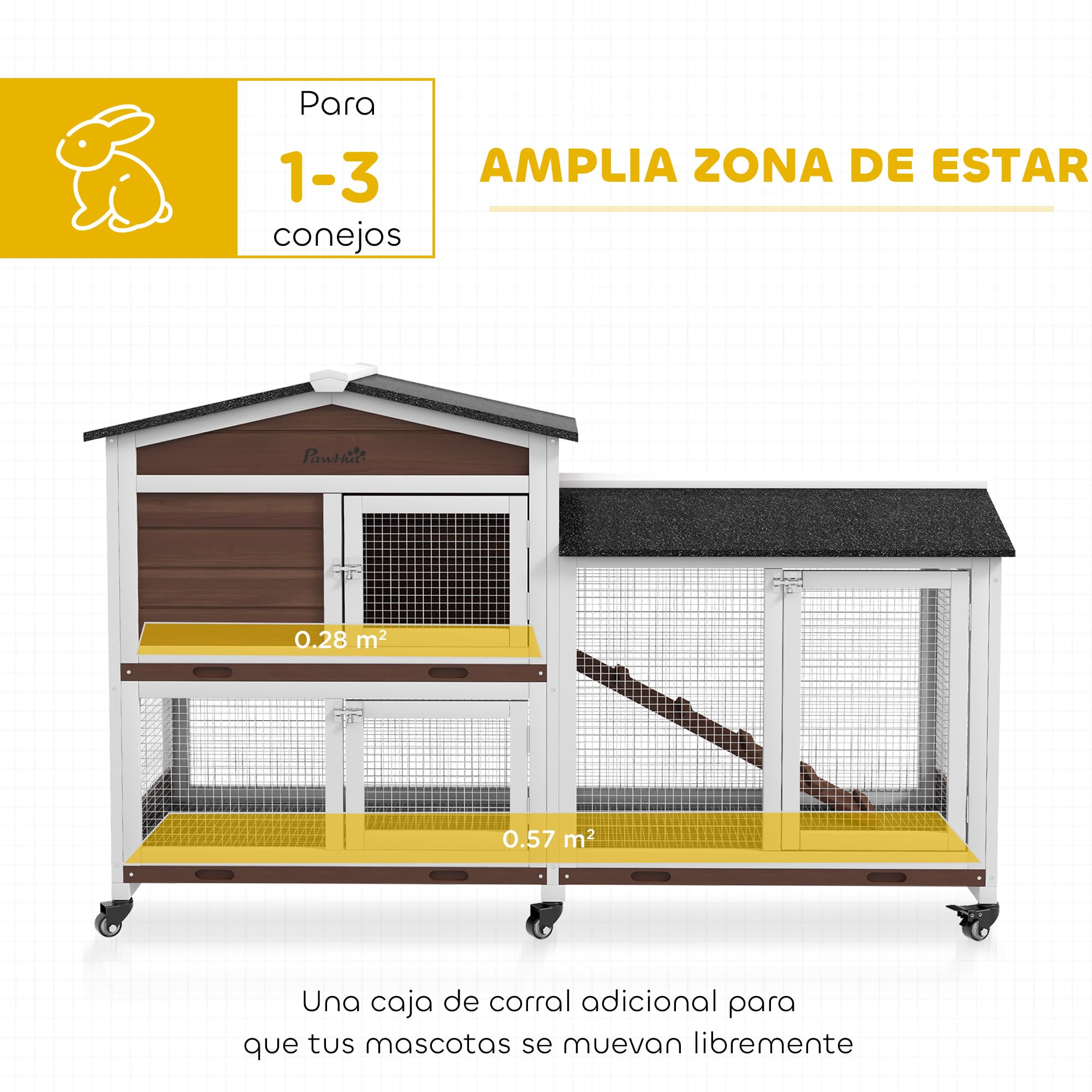 PawHut Conejera de Madera con Ruedas 157,4x53x99,5 cm Jaula para Conejos Grande con Techo Asfáltico Bandejas Extraíbles y Rampa para Exterior e Interior Marrón