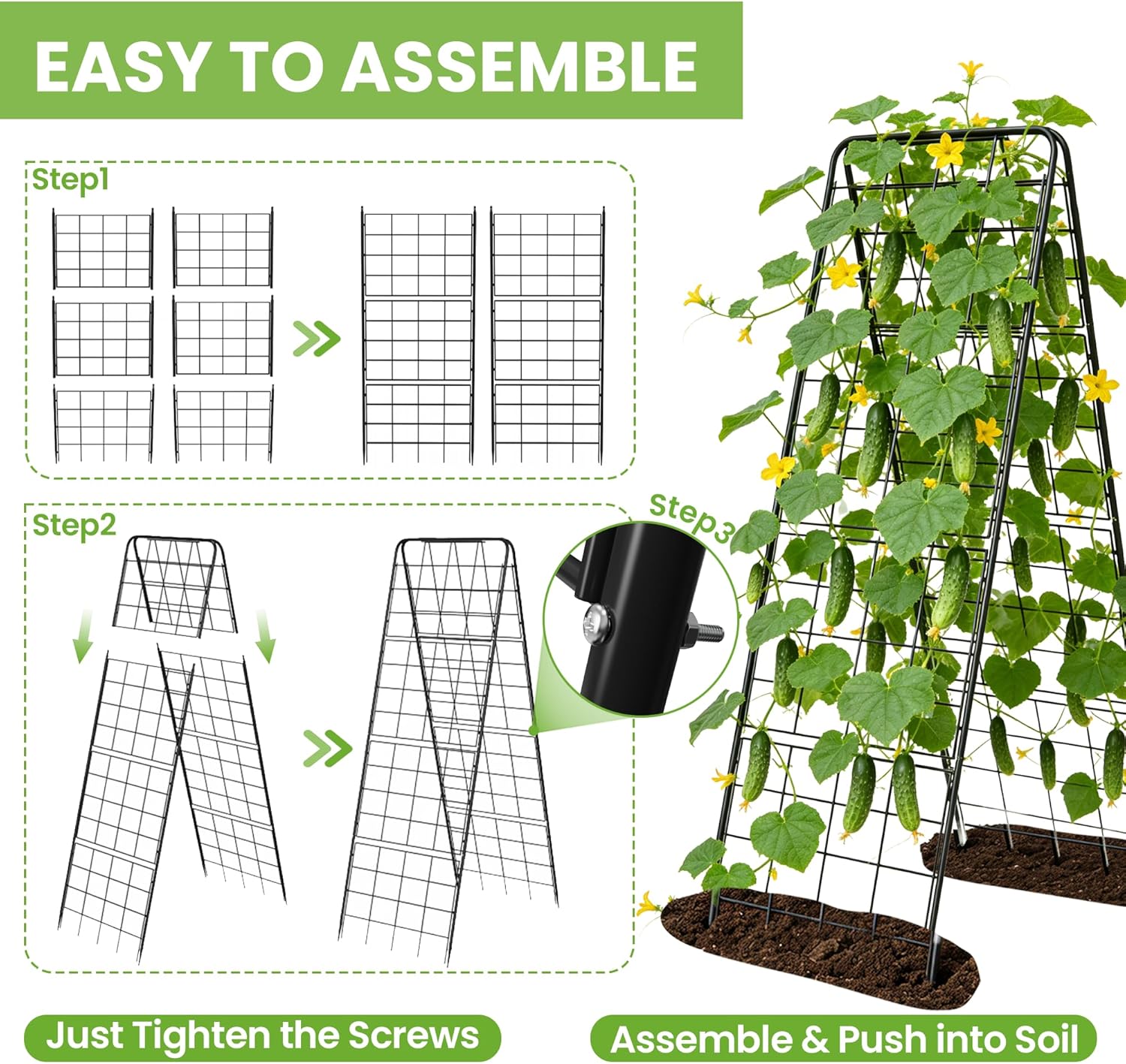 Garden Trellis for Cucumbers, 50” x 16“ Adjustable A-Frame Plant Support for Climbing Plants Outdoor, Vegetable, Flowers, 2 Pack Heavy Duty 1cm Metal Vegetable Trellis for Backyard, Raised Bed, Patio