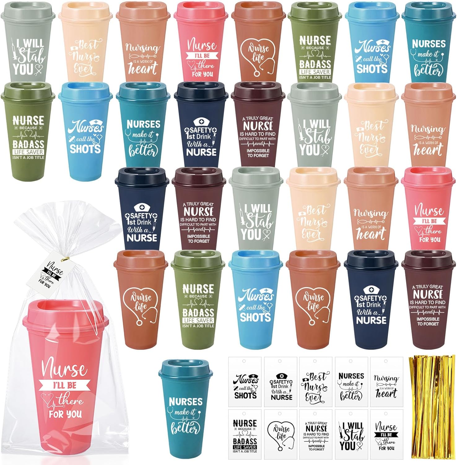 Jinei 30 Pack Nurse Appreciation Gifts 16 oz Plastic Tumblers Bulk Thank You Coffee Cups Reusable Water Bottle with Cards and Bags for Nurse Women Holiday Gifts(Modern,Vibrant)