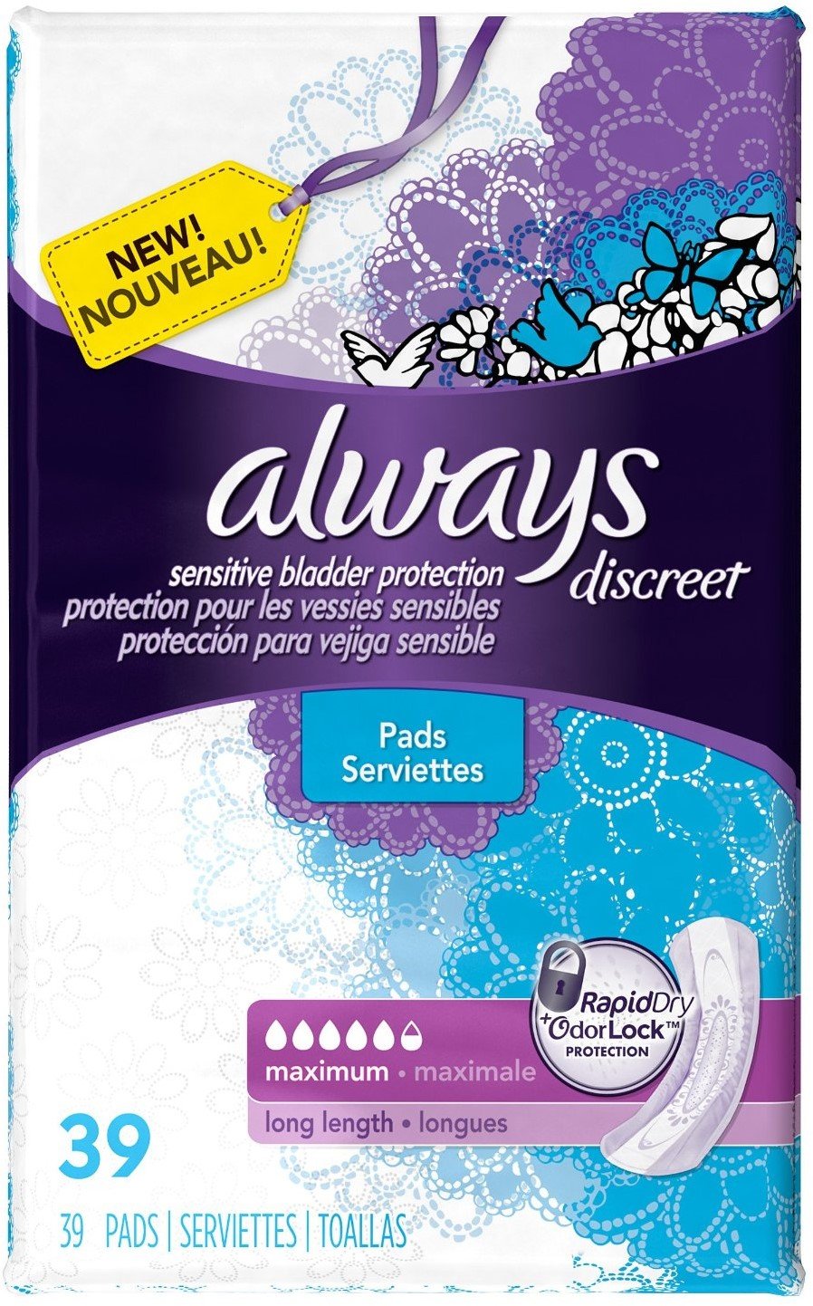 Always Discreet Incontinence Maximum Absorbency Pads, Long 39 ea (Pack of 6)