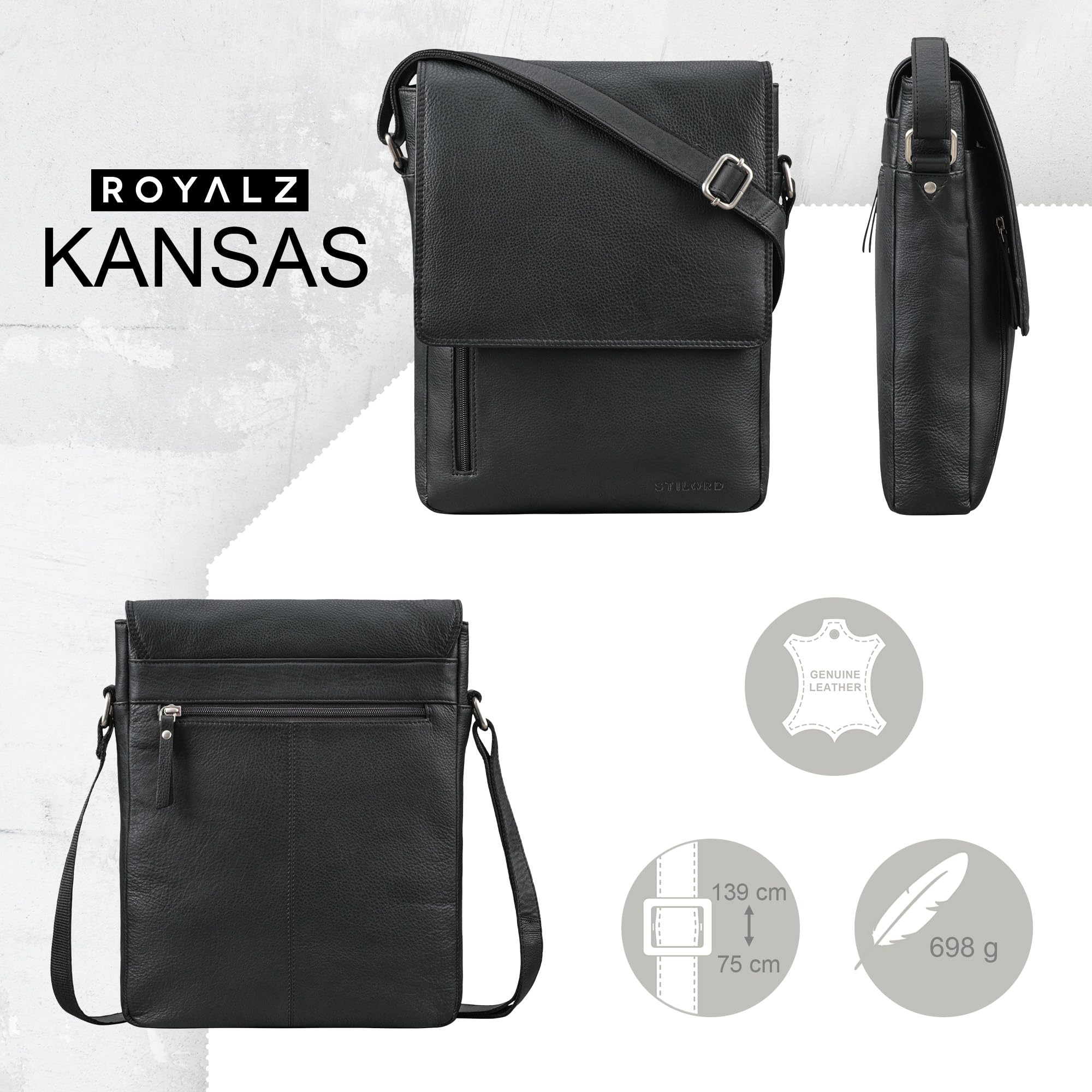 ROYALZ Herren Umhängetasche Leder Schultertasche Kansas Vintage Ledertasche 13-14 Zoll Laptop-Tasche Echtleder Mittel-groß DIN A4 Messenger Bag für Männer