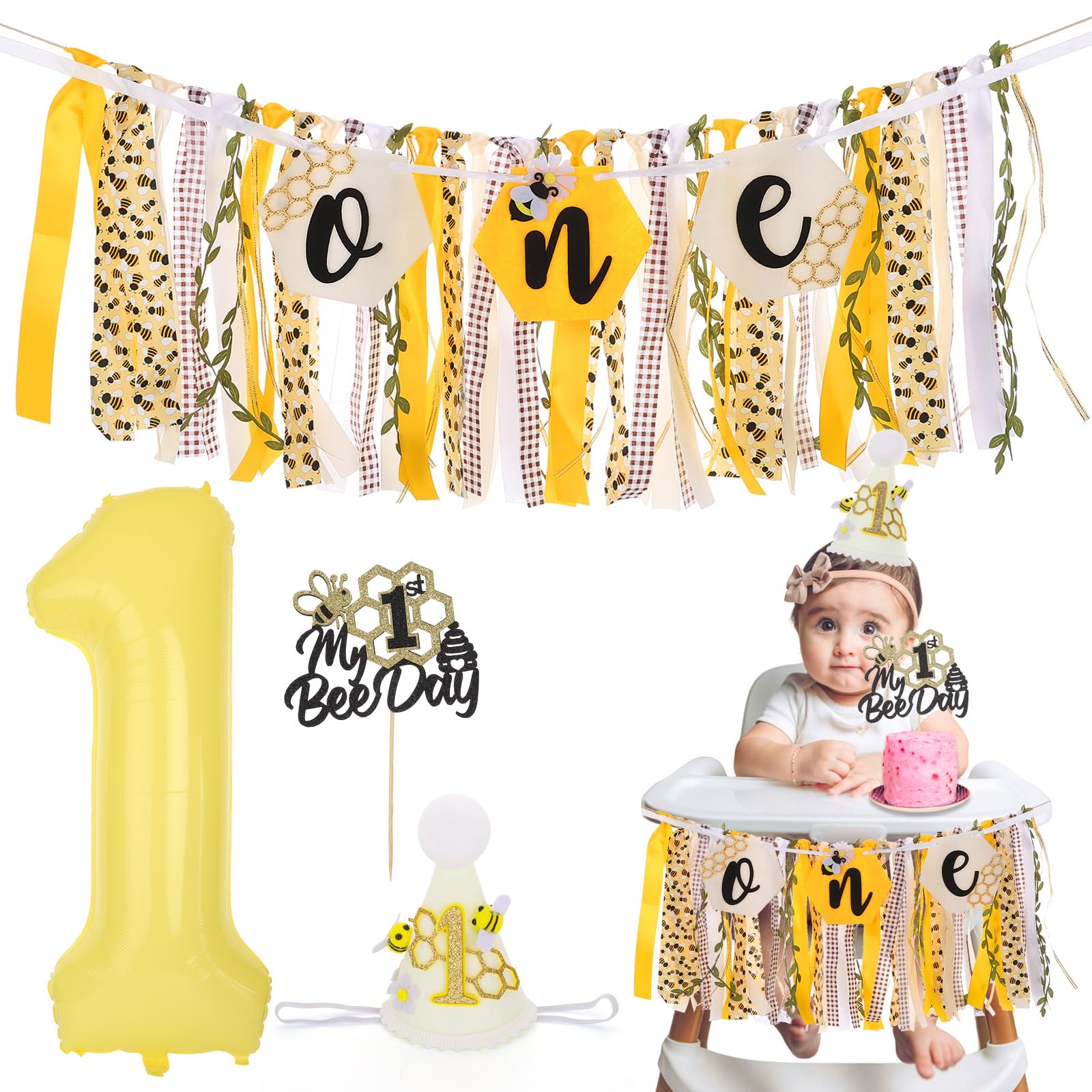 Happy 1st Bee Day High Chair Banner for First Birthday Party Decorations