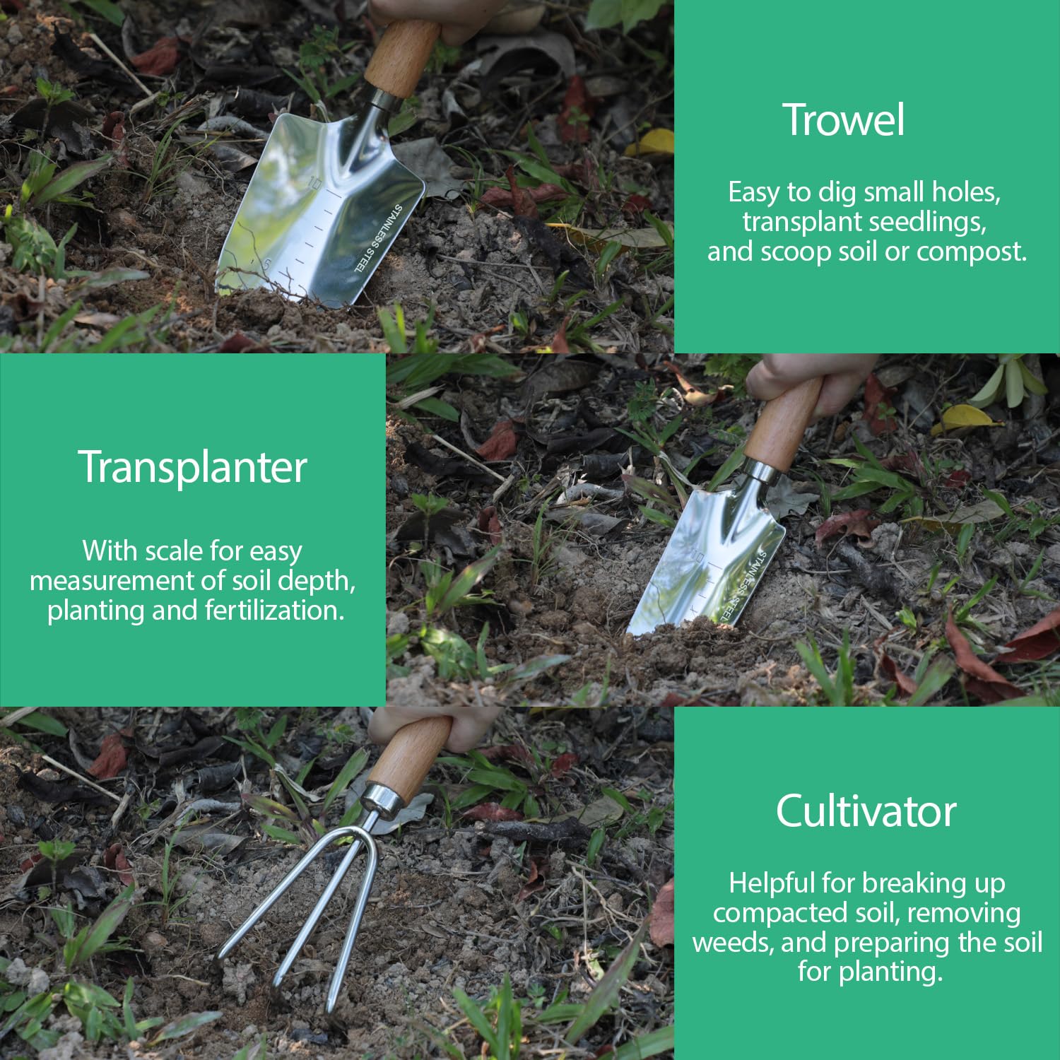 LeMotech Juego de herramientas de jardín, 3 piezas de acero inoxidable, kit de jardinería resistente que incluye paleta transplantadora, cultivador, herramientas manuales de jardinería con mango de