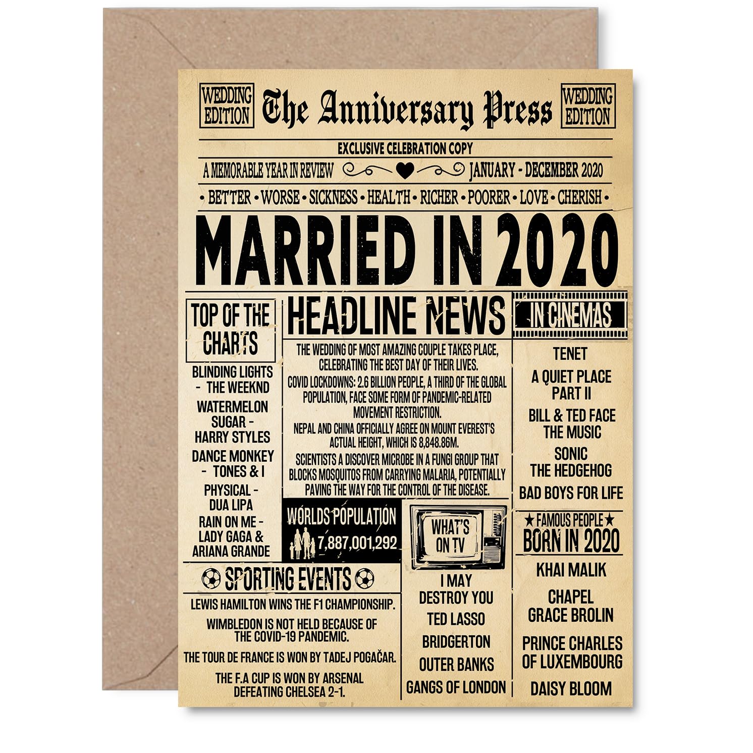 6th Anniversary Card for Men Women - Vintage Newspaper Married in 2020-6 Year Wedding Anniversary Card for Husband Partner Wife Companion, A5 Anniversaries Greeting Cards