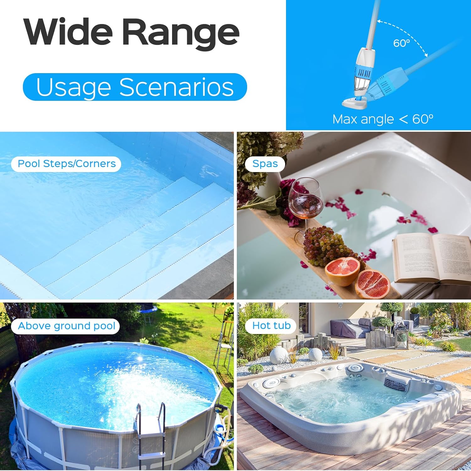 （2024 Upgraded Handheld Pool Vacuum with Telescopic Pole,Hot Tub Vacuum Spa Vacuum with 60 Mins Runtime,Cordless Pool Vacuum Deep Cleaning for Small Inground & Above Ground Pools, Hot Tubs, Spas