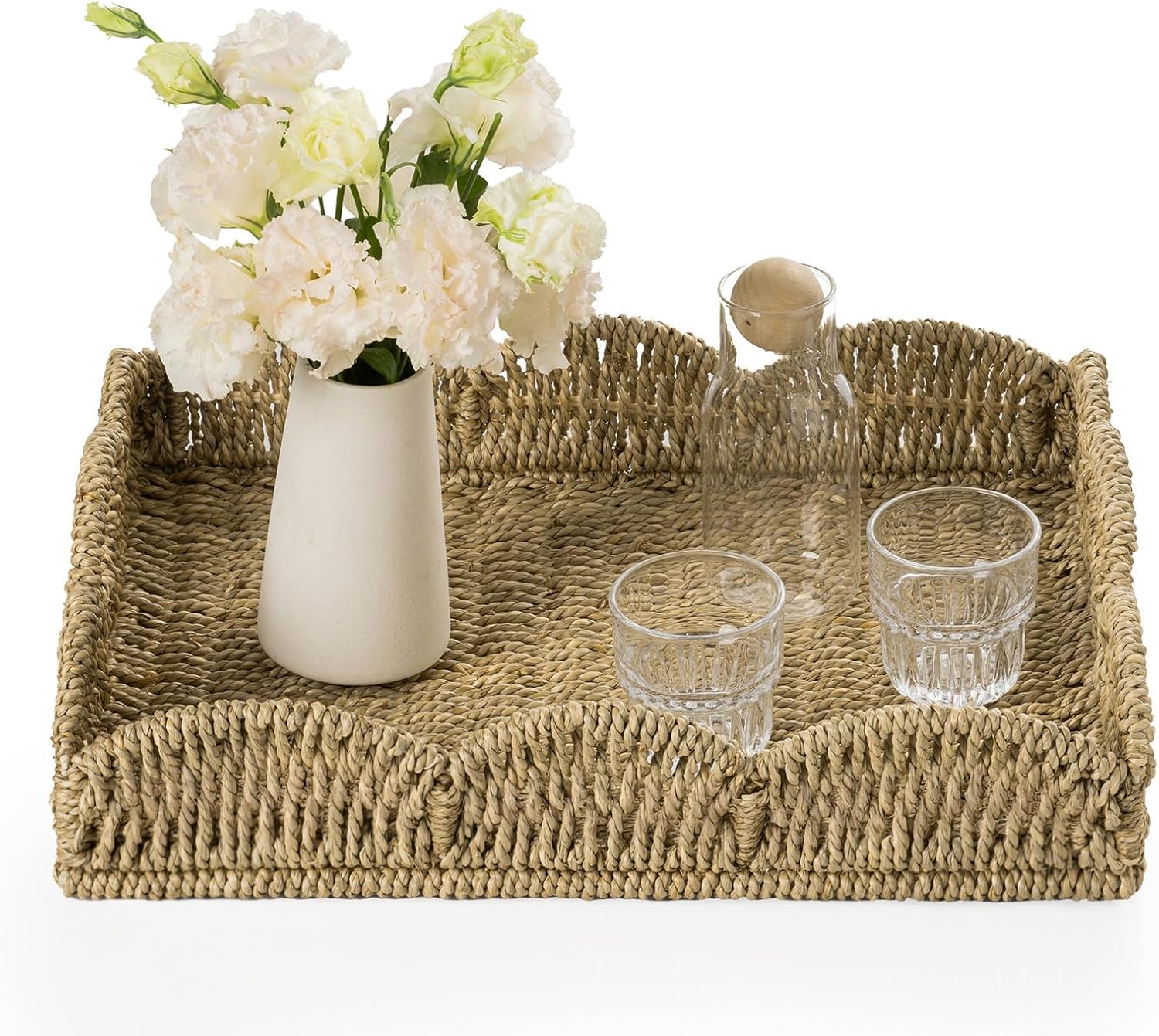 Wicker Tray, Handwoven Woven Tray with Handles and Scalloped Edge, Rectangle Wicker Basket for Home Decor and Organizing, 17.3" L x 13.4" W x 3.6" H