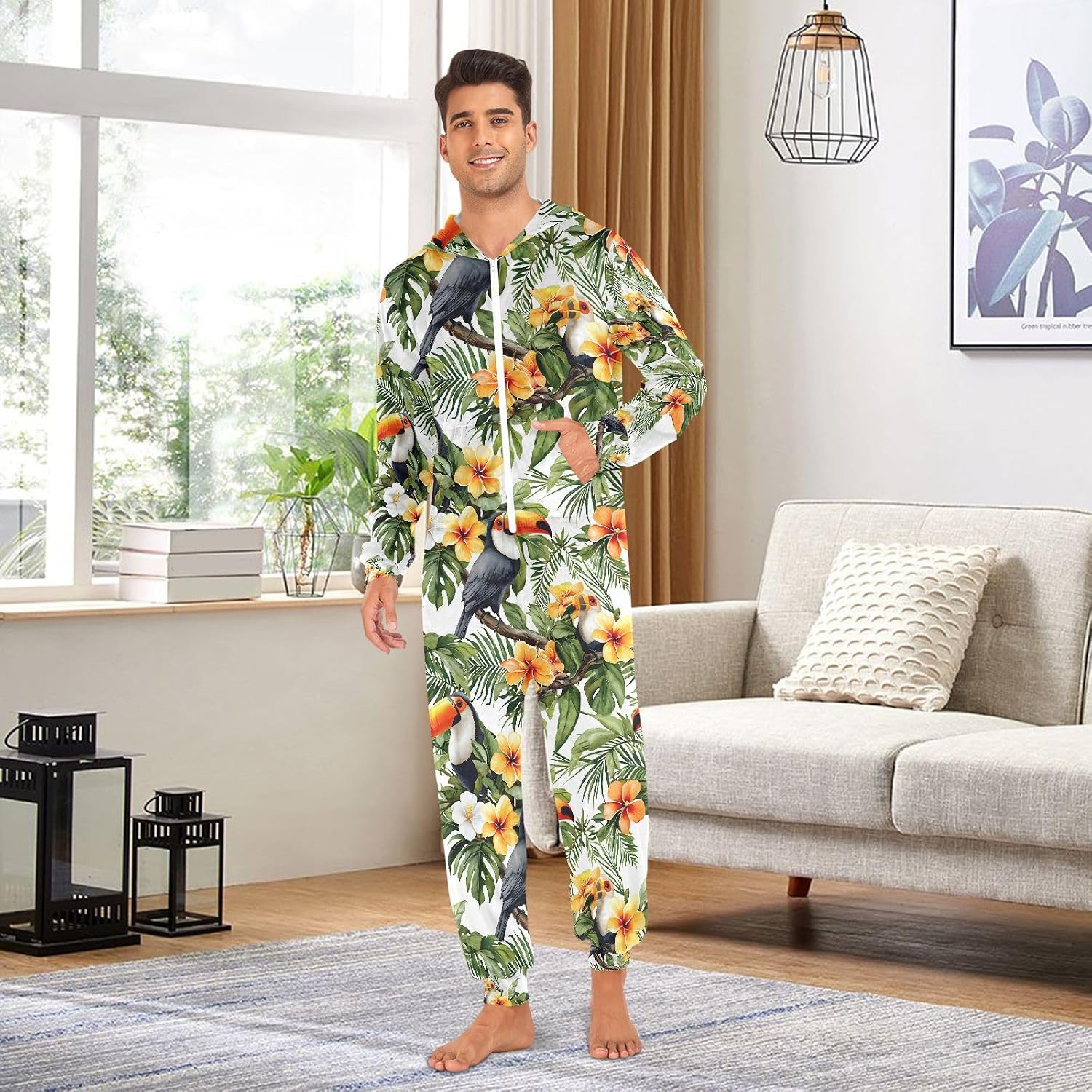 ALAZA Bird Flower Tropical Leave Adult Onesie Pajamas Novelty One Piece Costume Sleepwear Jumpsuits Matching PJS