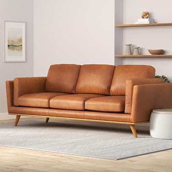 Poly & BARK Cadiz 90 Sofa Saddle Tan Full-Grain Pure-Aniline Italian Leather, Feather-Down Cushions, Solid Rubberwood Base & Legs - Saddle Tan
