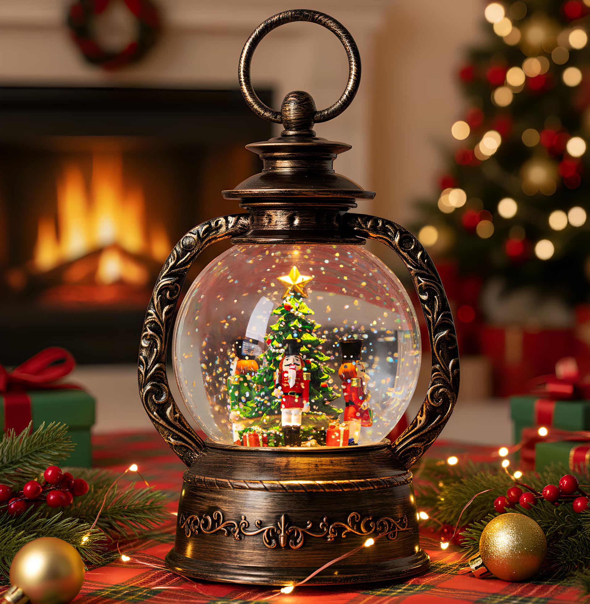 Nutcracker Snow Globe, Musical Christmas Water Lantern with Swirling Glittering Home Decoration and Gift, Battery Operated or USB Powered