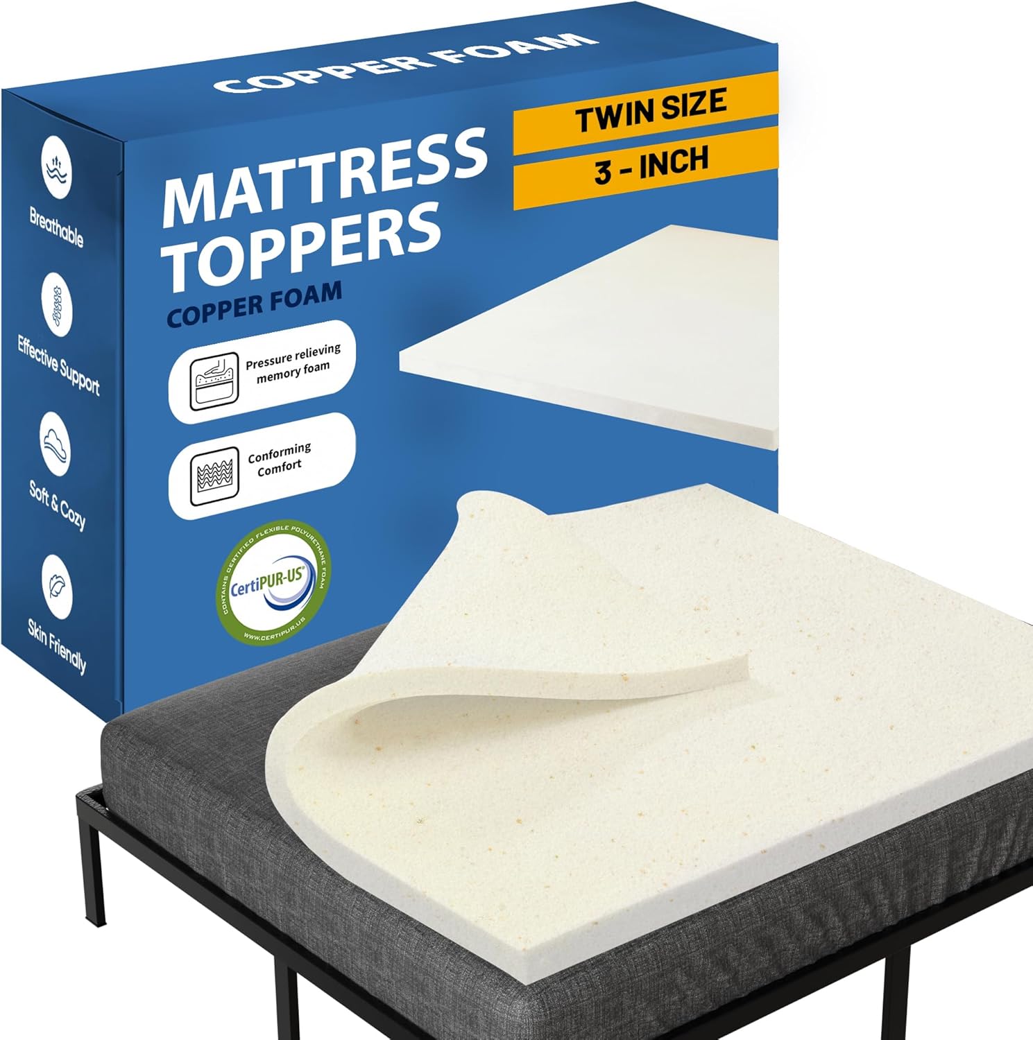 Greaton, 3-Inch Copper-Infused Memory Foam Mattress Toppers, Cooling and Pressure Relieving with Airflow Design, King, Beige