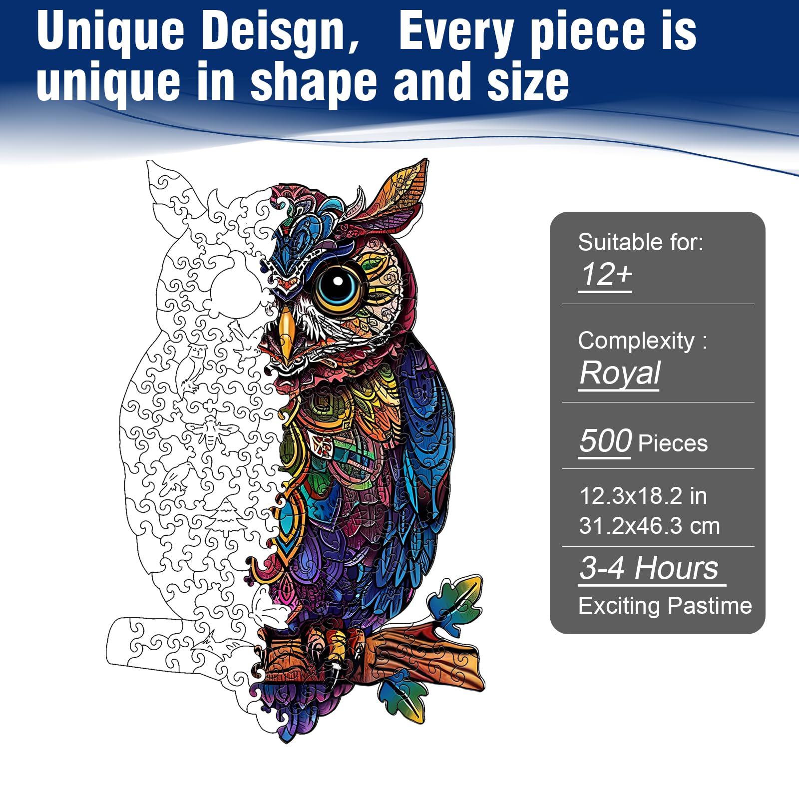 Casse-tête en bois pour adultes, puzzle animal de forme unique, casse-tête en bois de hibou pour adultes, cadeaux d'anniversaire pour adultes et enfants, 500 pièces, 46 x 32 cm