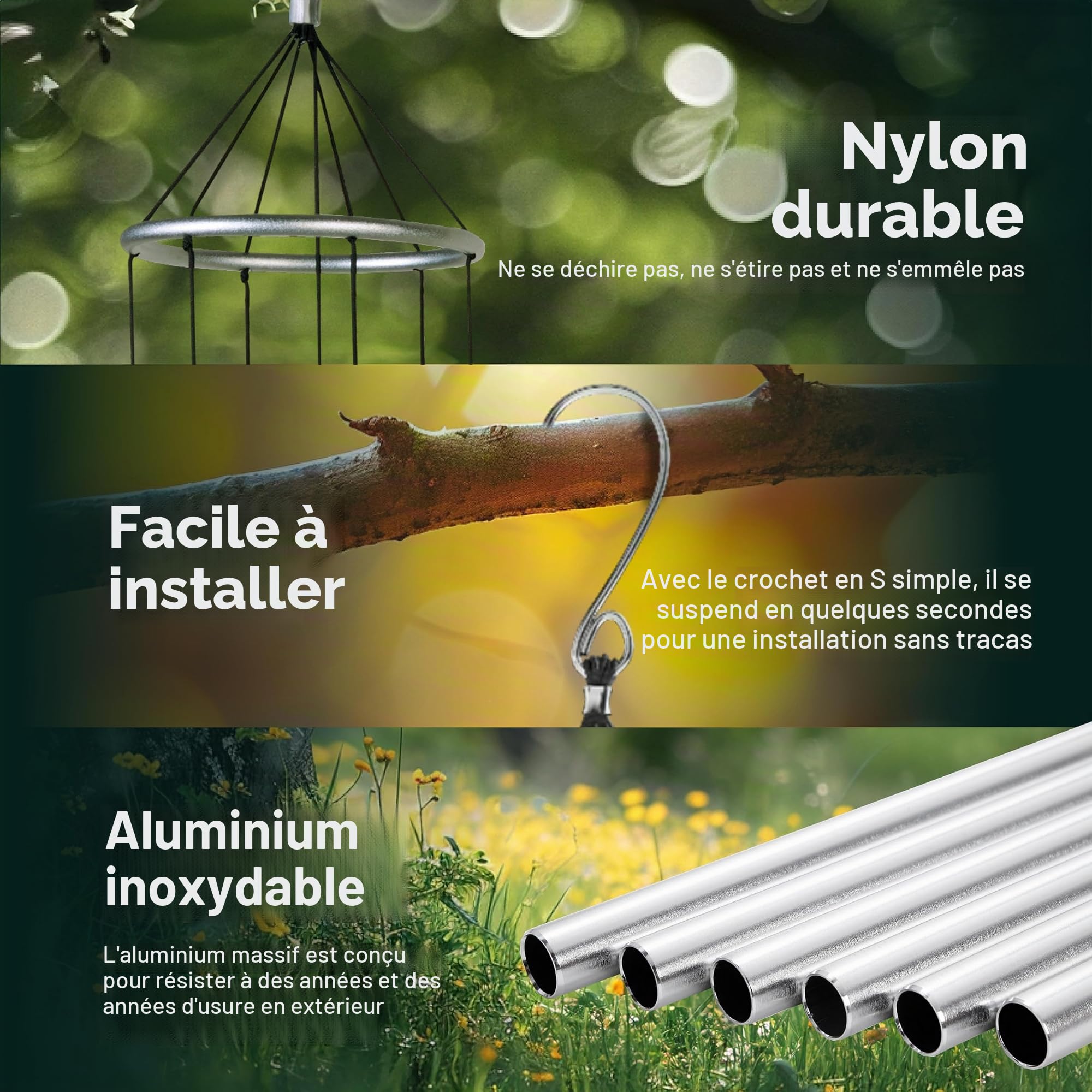 Nature's Melody Aureole Tunes Carillon à Vent d'extérieur, 6 Tubes, Gamme pentatonique en Si, Aluminium Inoxydable, Finition poudrée, Crochet en S, pour condoléances, Cadeau commémoratif, Jardin Zen