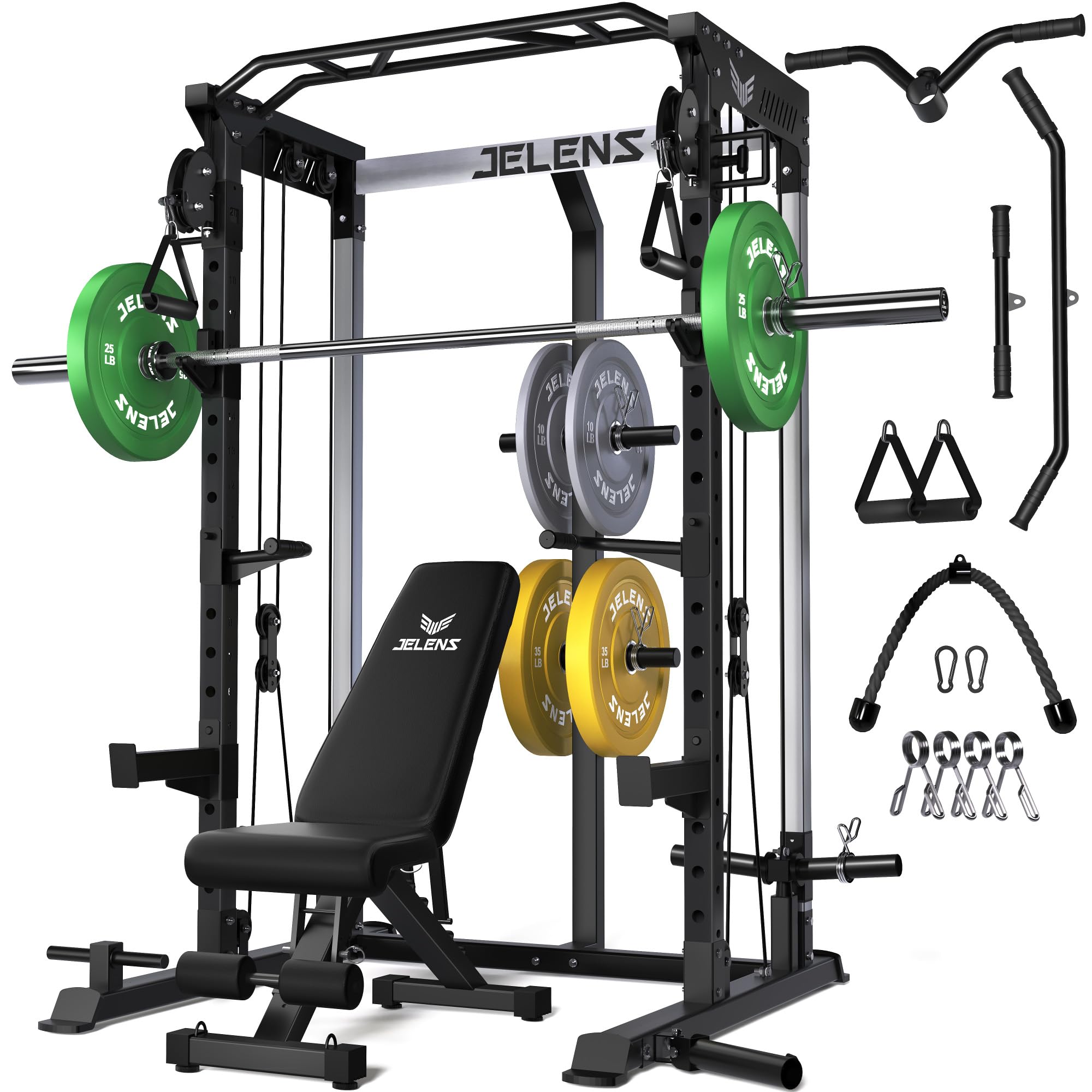 JELENS C21 Power Cage, 2000LBS Multi-Function Power Rack with Independent Dual Pulley System, All-in-One Squat Rack for Cable Crossover, Home Gym Workout Machine