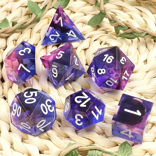 Miniatura 6 de PJOY DND - Juego de dados de resina con bordes afilados, 7 piezas de dados poliédricos D&D con funda de dados para juegos de rol como Calabozos y
