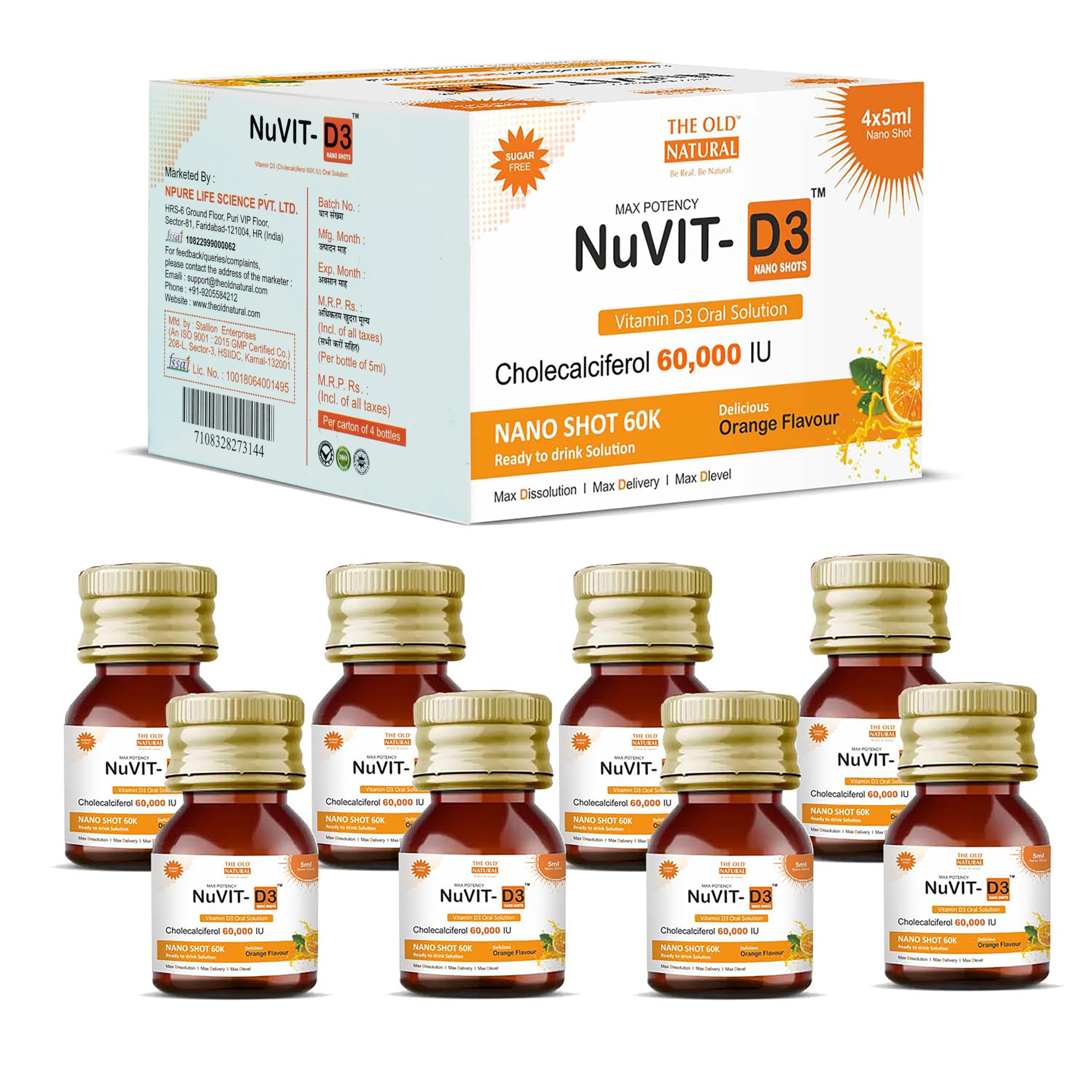 The Old Natural Nuvit D3 Vitamin D3 60000 IU Nano Shots | Sugar Free Cholecalciferol Vitamin D3 Oral Solution | Supports Bone, Muscle & Immune Health | Orange Flavour | 8 Nano Shots x 5ml (40ml)