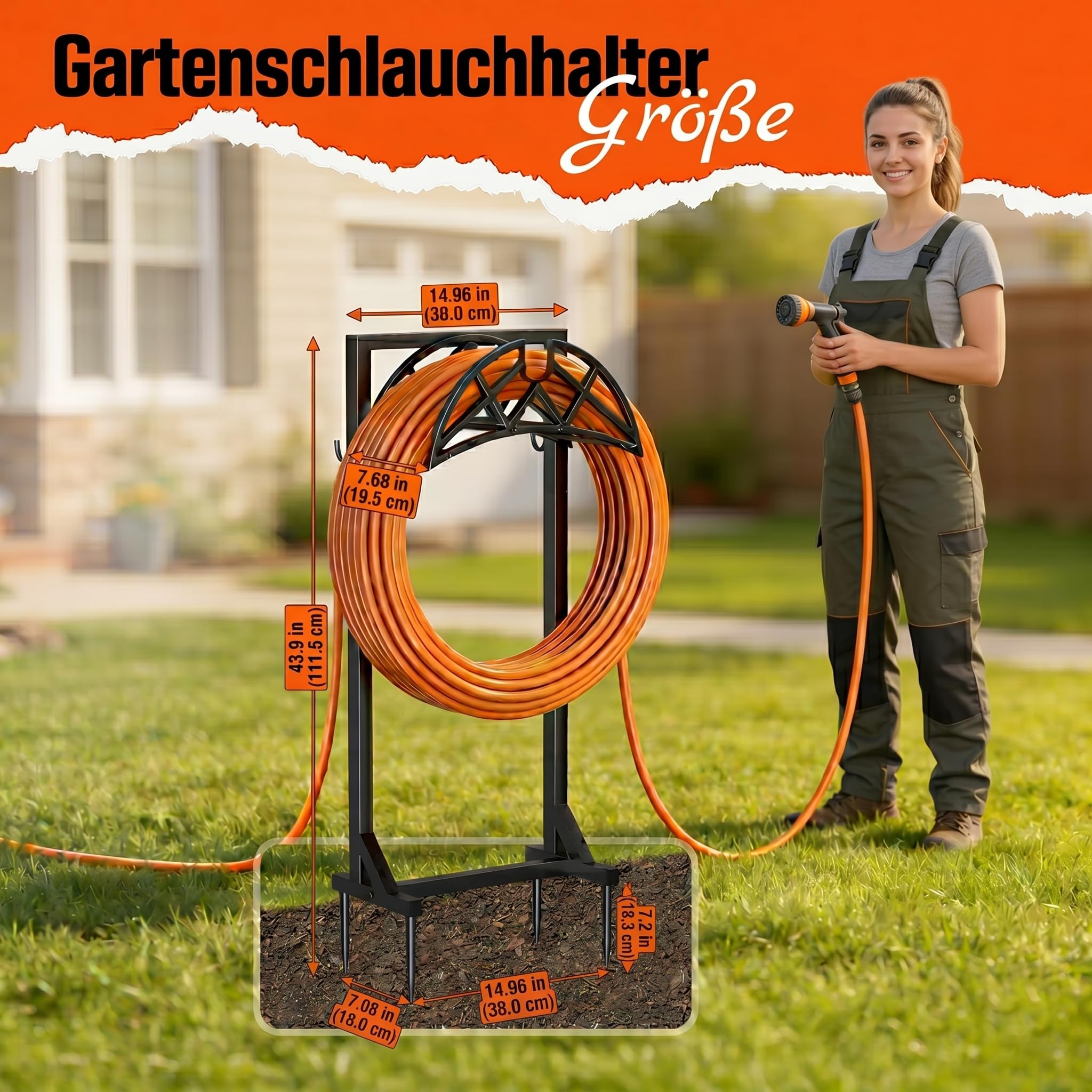 Gartenschlauchhalter 111,5cm, 4 Spikes & 2 Haken, Schwarz