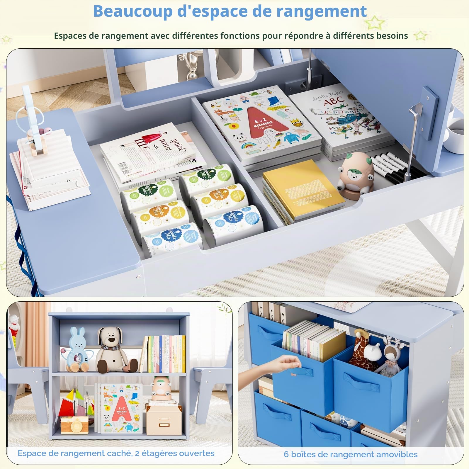 MAMIZO Table pour Enfant avec 2 Chaises, Bureau Enfant en Bois avec Rangement, Bureau avec Rangement pour Fille Garcon 3+ Ans, Table a Dessin avec Rouleau de Papier pour Jouer Dessiner (Bleu)