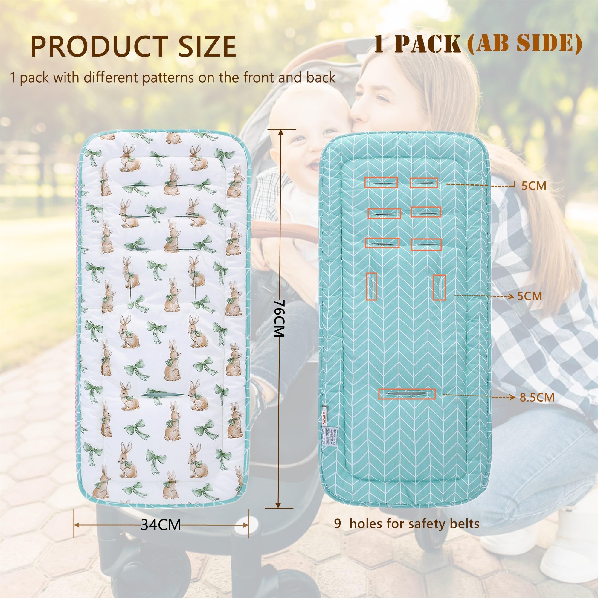 Baby Pushchair Seat Liners,Pram Liner Universal Fit for Most Pushchairs,100% Cotton Double-Sided Baby Stroller Cushion Pad,Stroller Seat Cover for Toddler Infant 1 Pack,78x34cm(Rabbit+Light Blue) - Image 2