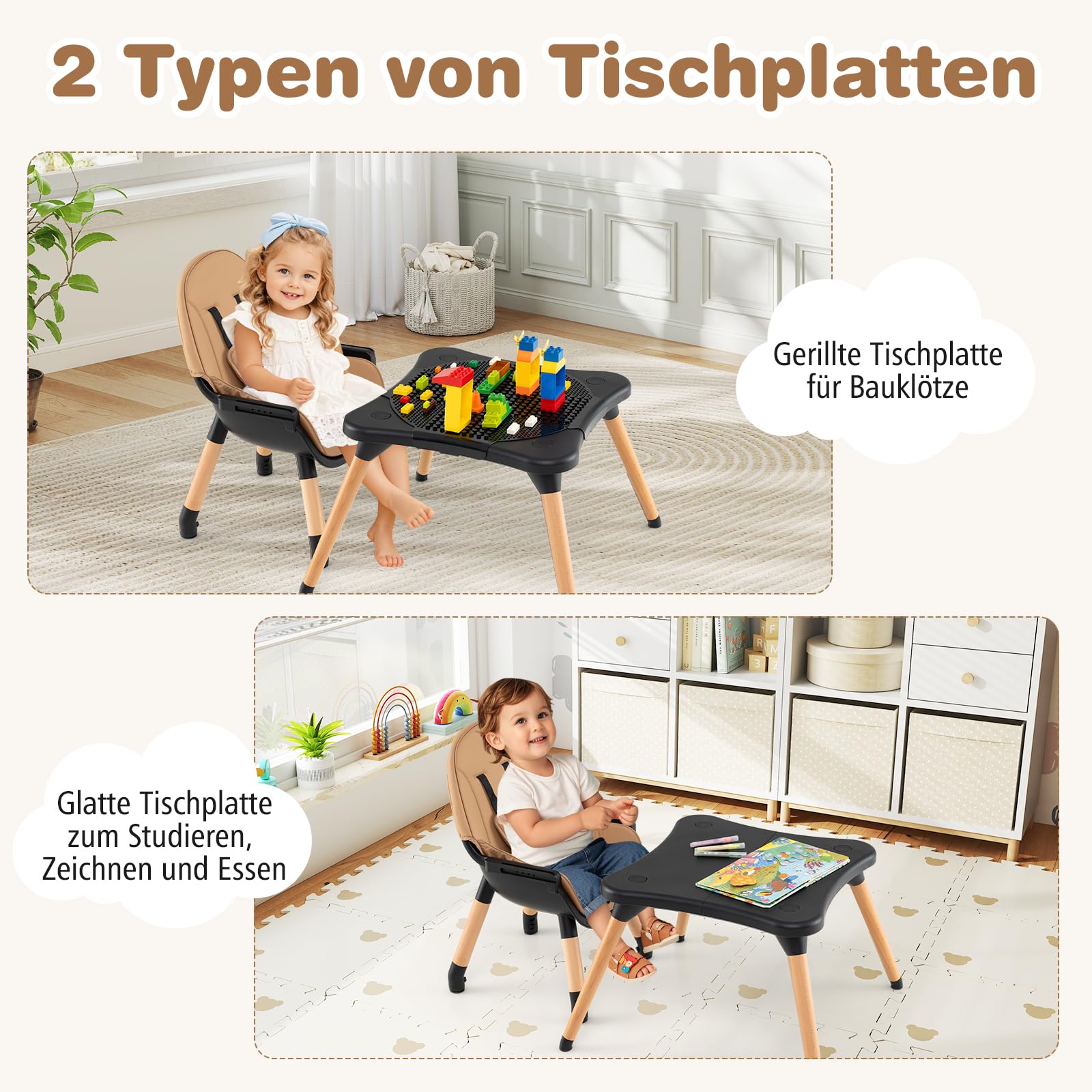 GOPLUS 6 in 1 Hochstuhl Baby, Kinderstuhl mit abnehmbares Bausteintisch, Babyhochstuhl mit verstellbar Doppeltablett, Kombihochstuhl, Essstuhl, Lerntisch, Kinderhochstuhl für 6-36 Monate (Braun)