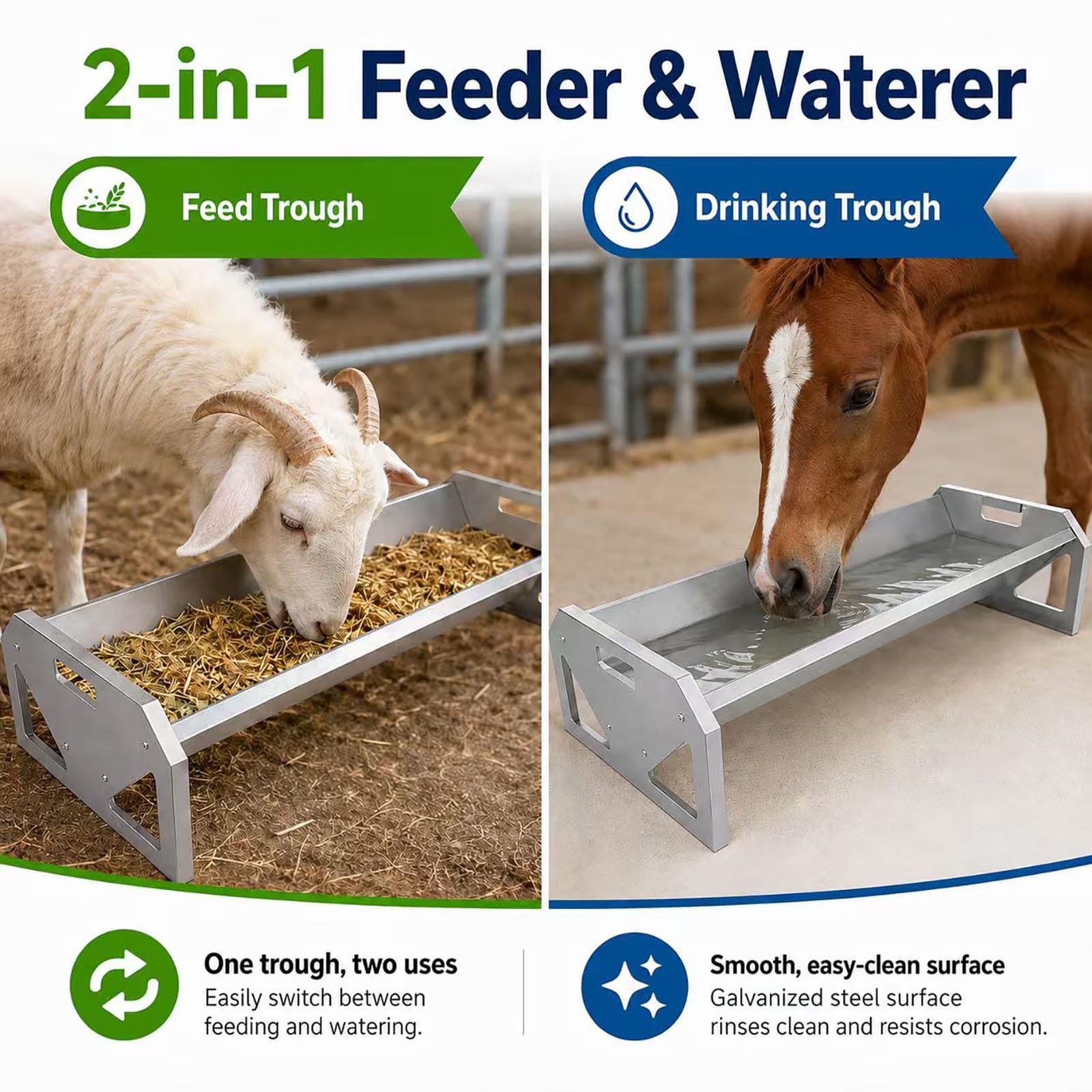 Comedero de acero galvanizado para ganado, 114 cm de largo, resistente, para cabras, terneros, caballos, fácil de limpiar, con capacidad para hasta 10 animales