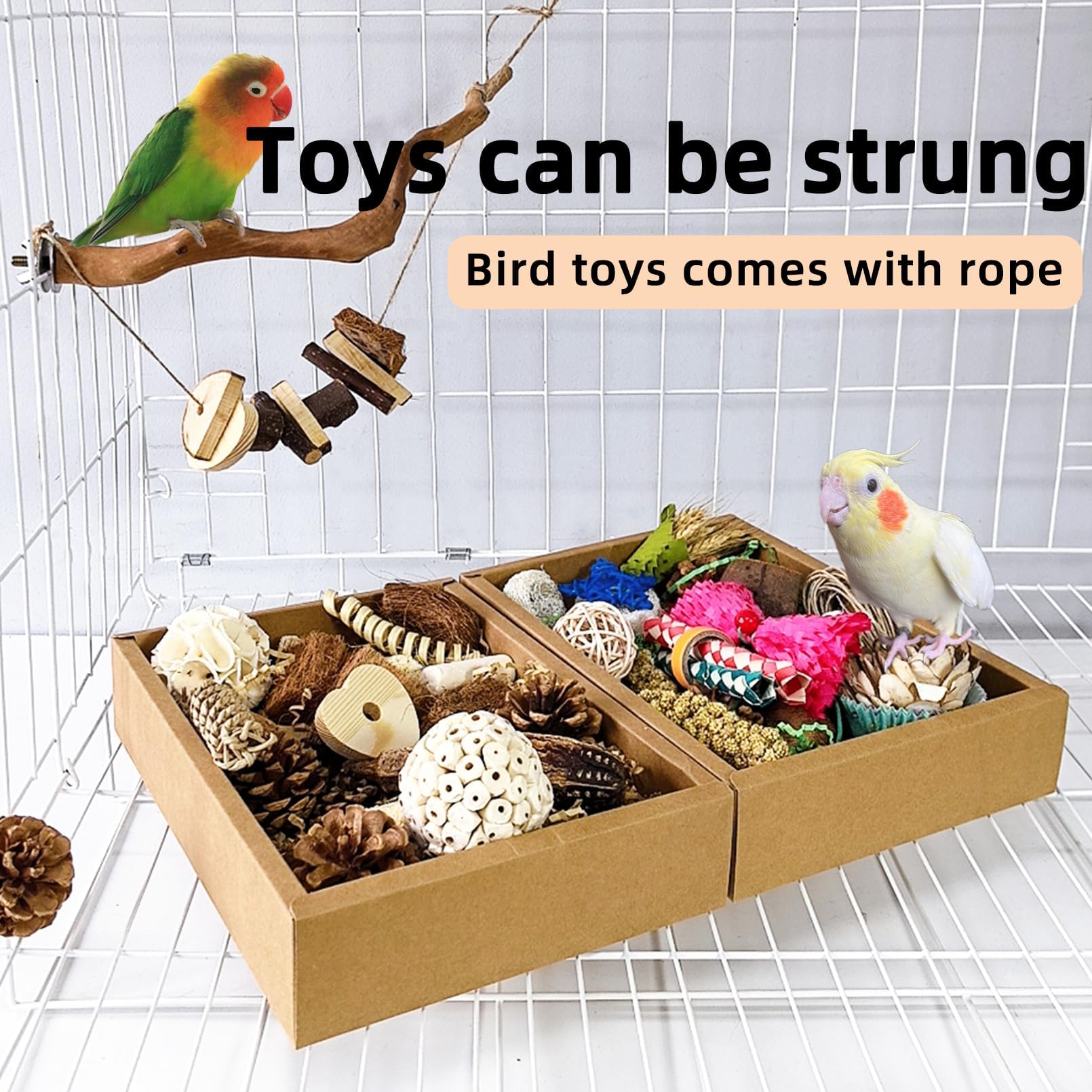Vogelspielzeug, Vogelfutterbox, Papageienspielzeug, Vogelspielzeug für Sittiche mit Papierschublade, natürliche und bunte Vielfalt für Futtersuche und Kauspielzeug für Papageien, Sittiche,