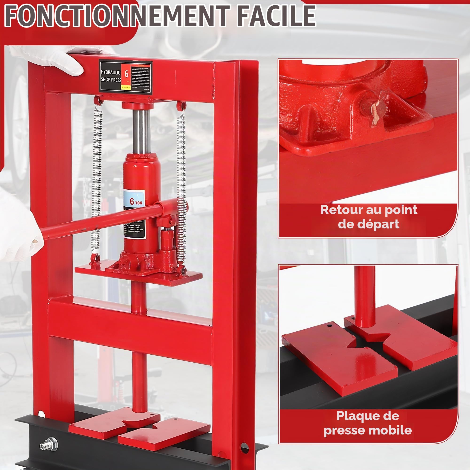 Zstar Presse hydraulique d'atelier 6T – Cadre H Robuste, Table réglable et plaques de matriçage – pour Redresser, Plier, Presser, réparation Auto et Garage – Traverser Noire, Structure rougeur