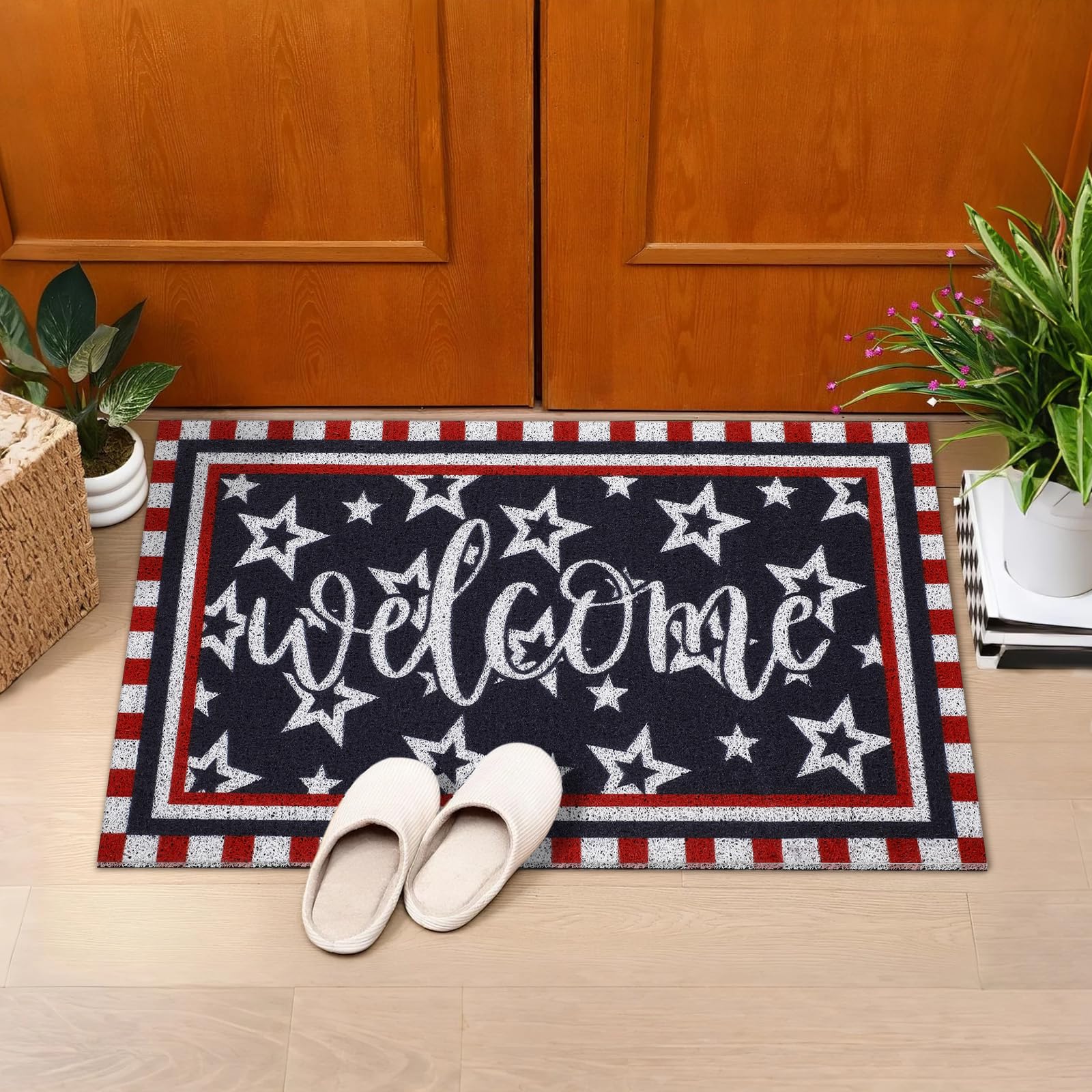 Moucuny Veterans Day Doormat Patriotic Welcome Front Door Mats Remembrance Day Rug Red White and Blue Coir Doormat American Star Non Slip Rugs for