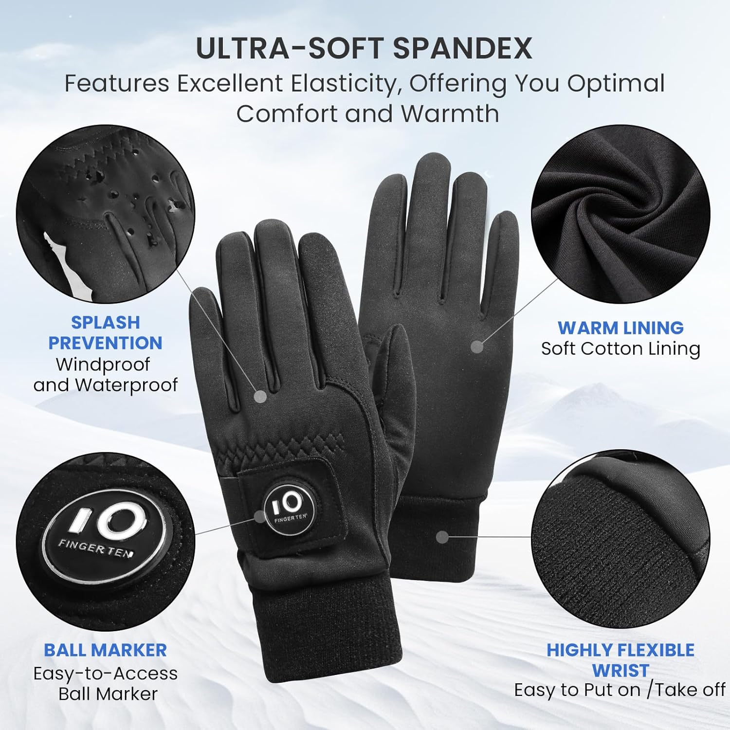 FINGER TEN Winter Golf Gloves Men with Ball Marker Grip Performance 1 Pair, Cold Weather Windproof Waterproof Size Samll Medium ML Large XL - Image 2