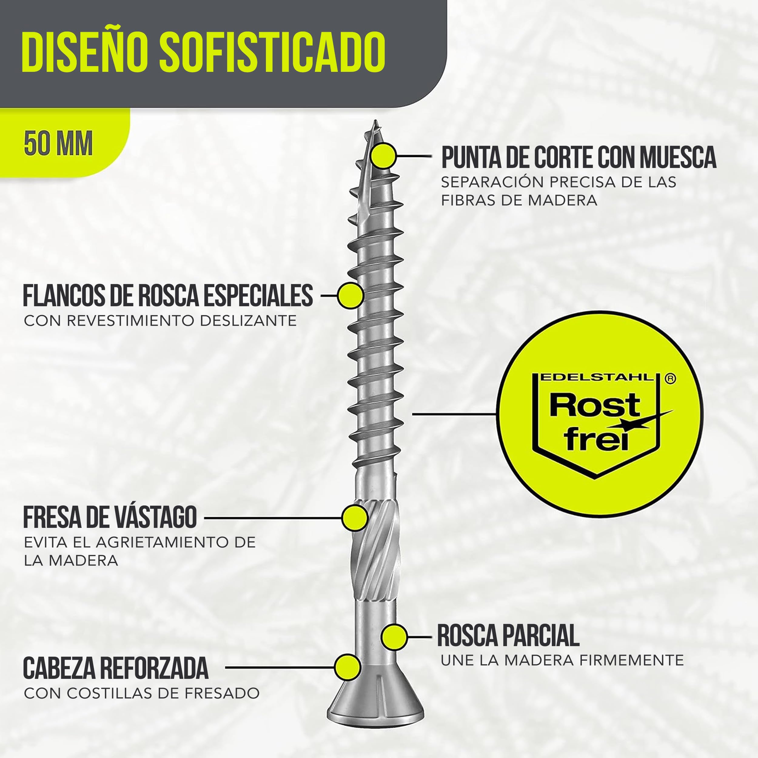 Tornillos para terraza Muesca de corte Torx | A2 TX25-5,0x50mm - 200 uds| Tornillos para tarimas de acero inoxidable de primera calidad con recubrimiento deslizante, tornillo tarima madera