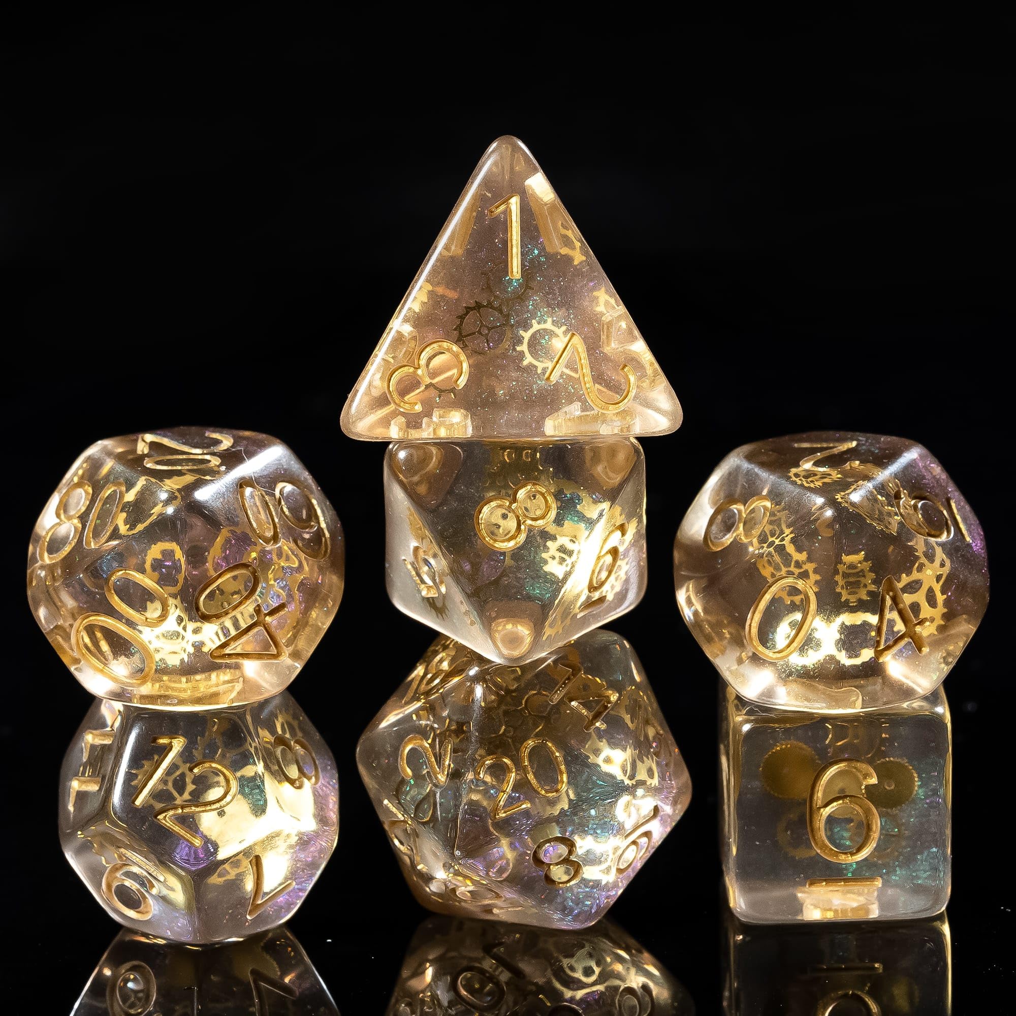 cusdie Set di 7 dadi poliedrici con ingranaggi, per giochi di ruolo, Dungeons and Dragons, D&D (galassia)