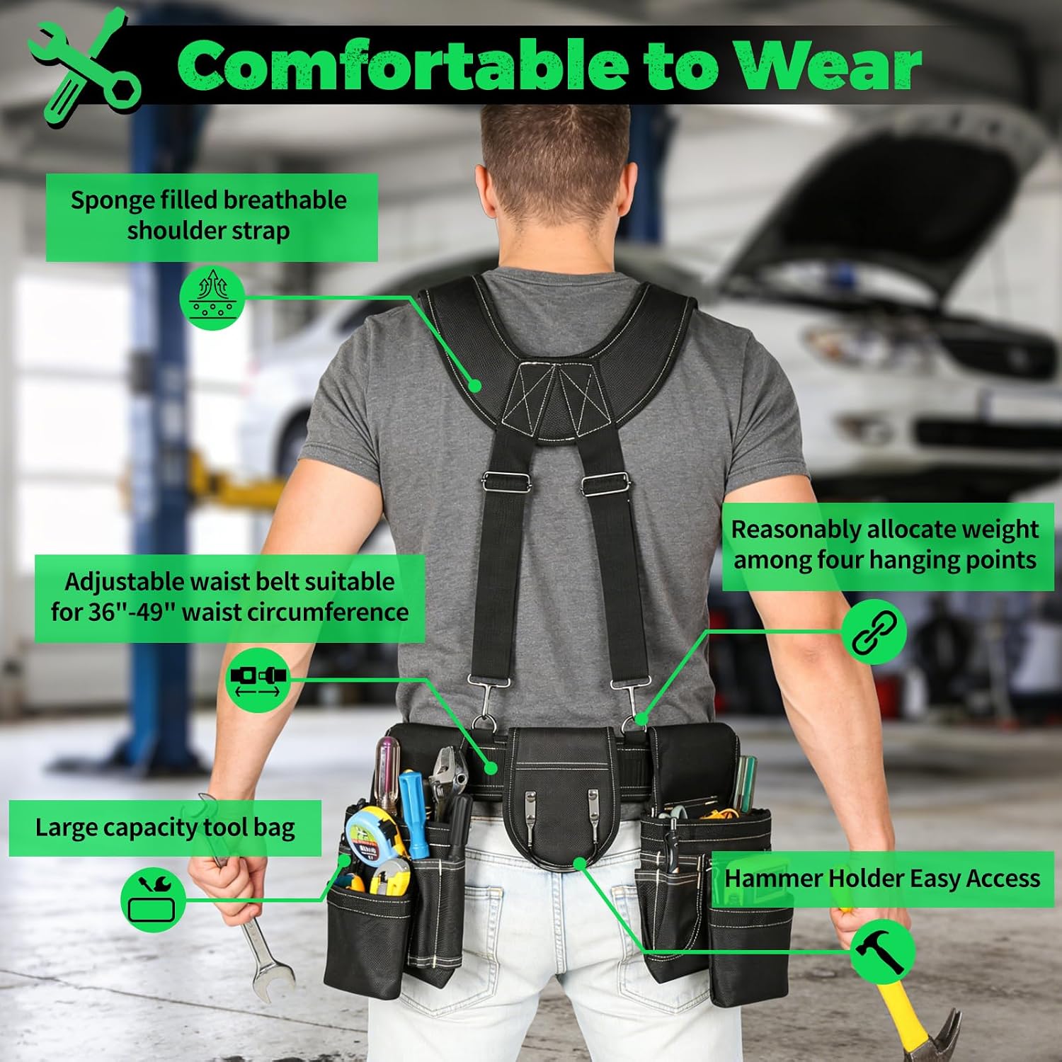 Tool Belt,Professional Tool Belts for Men with Suspenders,18 Pockets Heavy Duty Tool Pouch,Heavy Duty Detachable Adjustable Utility Belt Work Bags for Electrician,Carpenter (black, Large)