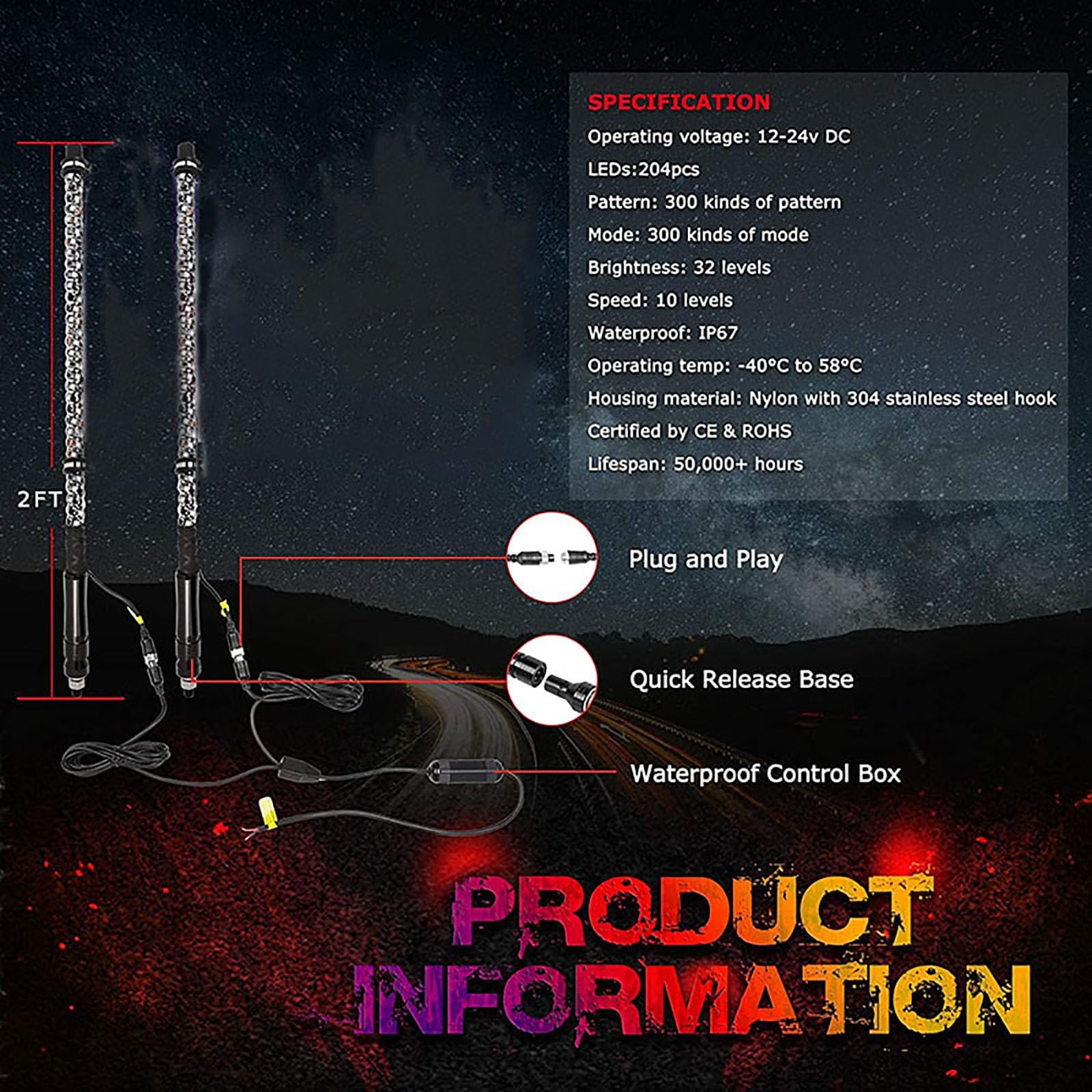Luces LED de látigo, luz de advertencia en espiral RGB de 360° con control remoto, luz de asta de bandera impermeable, antena iluminada de advertencia todoterreno for UTV ATV Trucks Buggy (2PCS) ( Siz