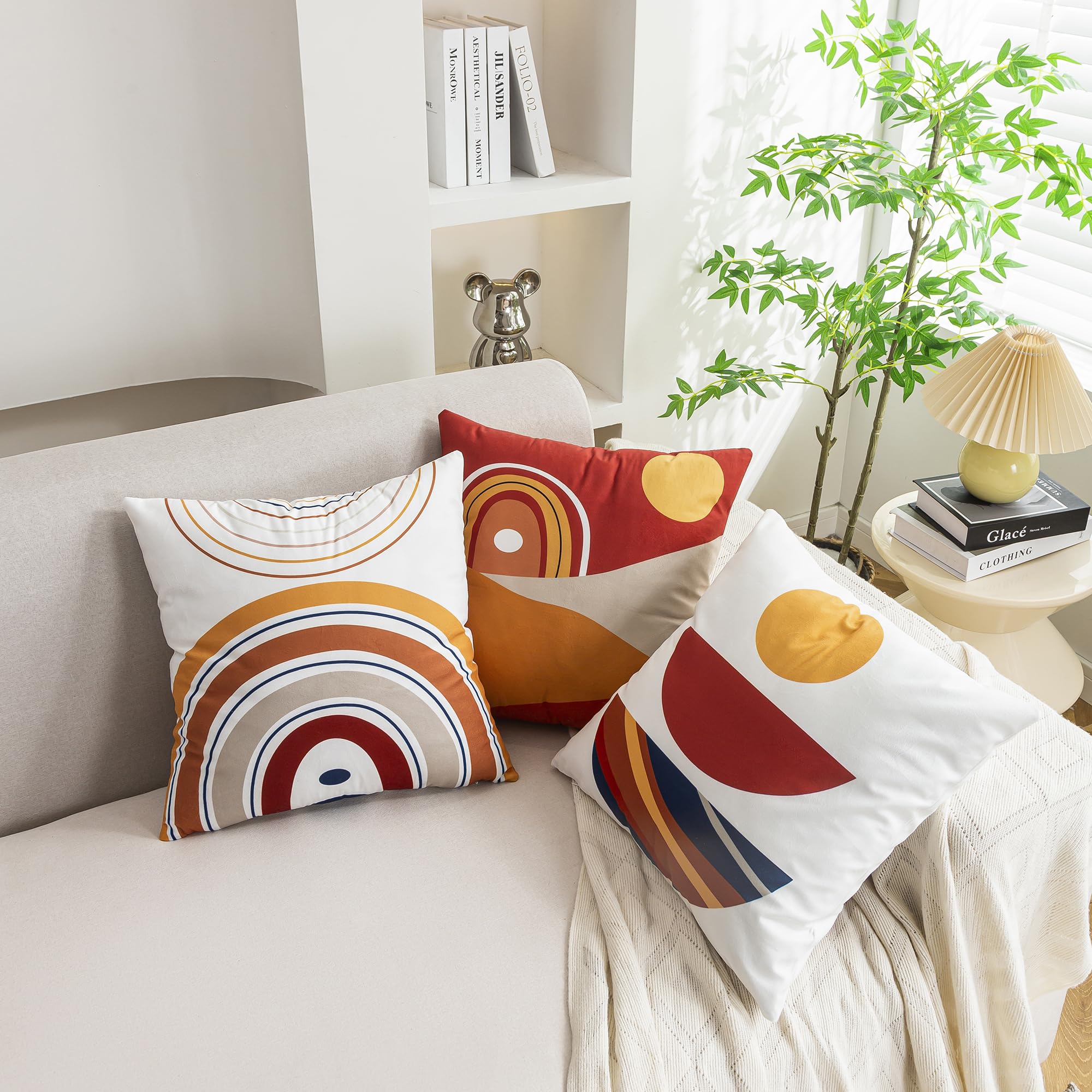 YUMYDG Set of 4 Cushion Covers 45 x 45cm Mid Century Bohemian Sun Moon and Rainbow Minimalist Geometric Abstract Decorative Pillow Cases Home Decor Standard Square Cushion Cover 18x18 Inches - Image 4