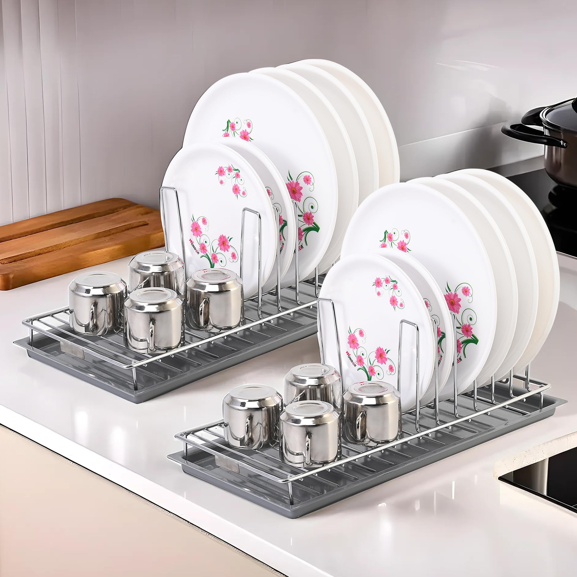 Kuber Industries Pack of 2 Stainless Steel Glass & Plate Stand for Kitchen | Crockery Rack Organizer With Draining Tray Included - Silver & Grey