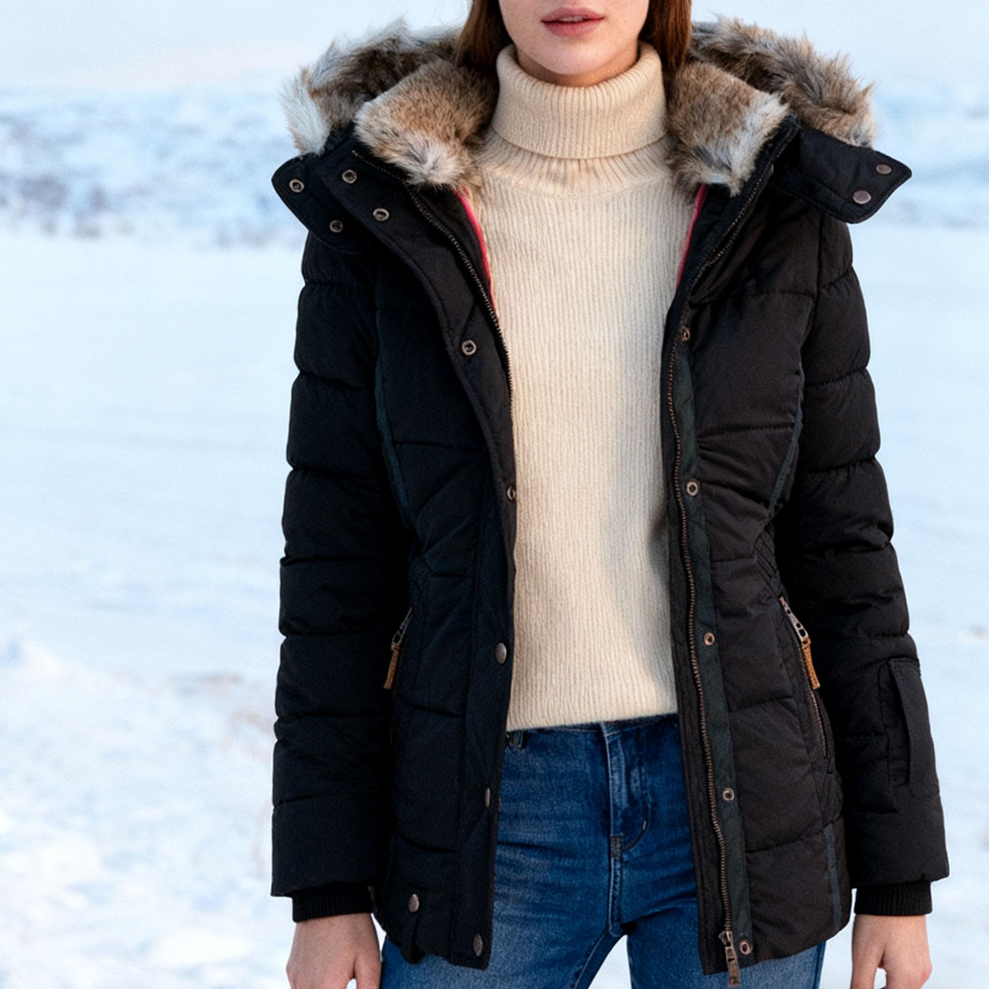 Doudounes chaudes doublées polaire pour femmes, coupe ajustée, manches longues, parkas, fermeture éclair, capuche en fausse fourrure, manteaux d'hiver