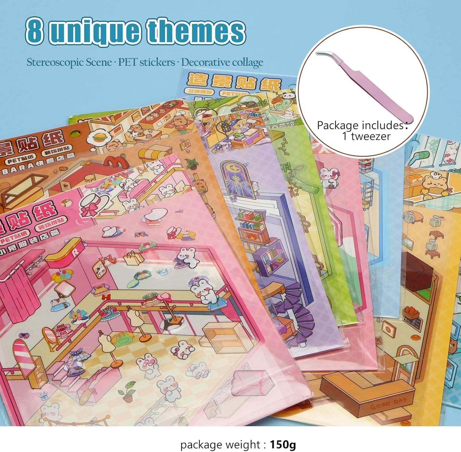 Snycler DIY 3D House Sticker Kit - 8 Sets of 3D Cartoon Scene Miniature Stickers for Adults & Kids, Fun Room Decor, Stress Relief, Creative Wall Art, Home Decoration（8sets-1）