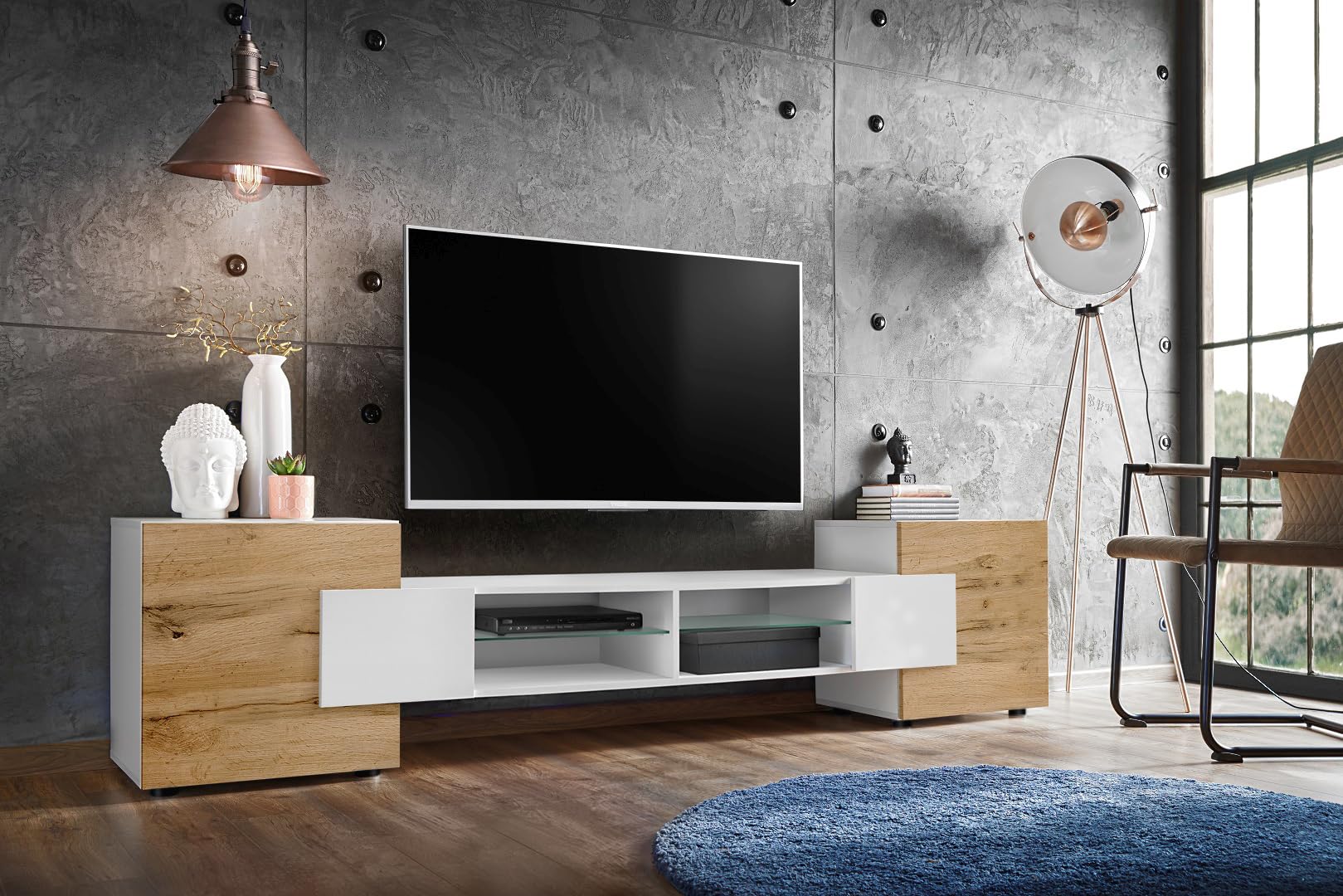 Komodee, Merano Bank TV Schrank, Breite 230 cm x Höhe 52,5 cm x Tiefe 35 cm, für Wohnzimmer, Schlafzimmer