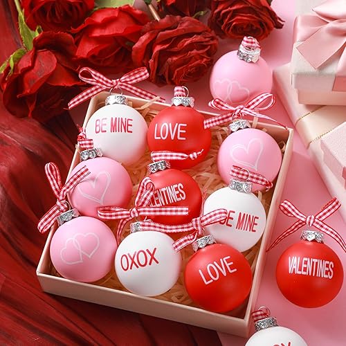 Vista 18 de 12 adornos de bolas para el día de San Valentín para árbol de San Valentín, decoraciones colgantes de árbol de San Valentín, bolas de plástico