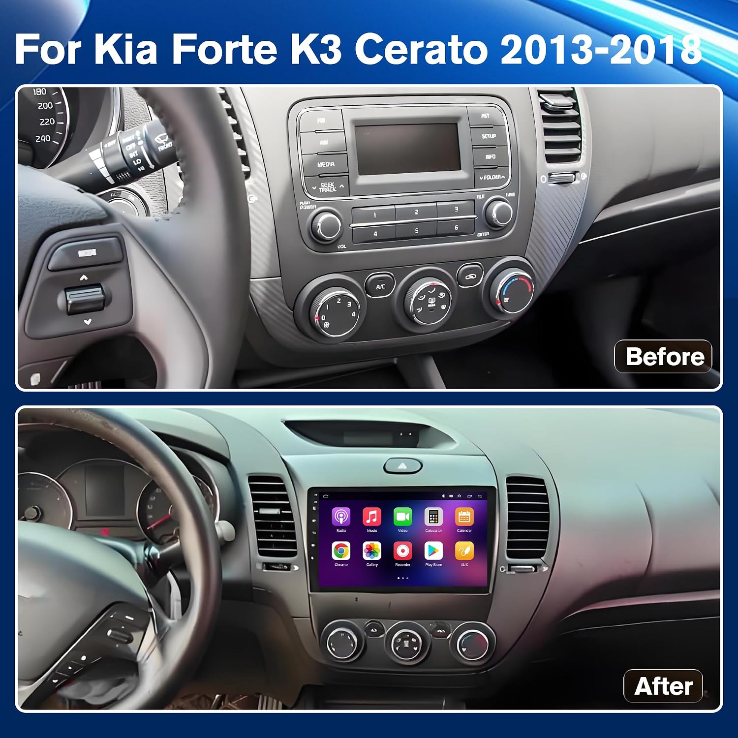 【4G+64GB】 Car Radio Stereo for Kia Forte K3 Cerato 2013-2018,Android 13 Carplay&Android Auto with 9 Inch IPS Touch Screen Radio Support Real-Time GPS/Bluetooth/Voice Control/WiFi/AHD Camera/SWC/FM