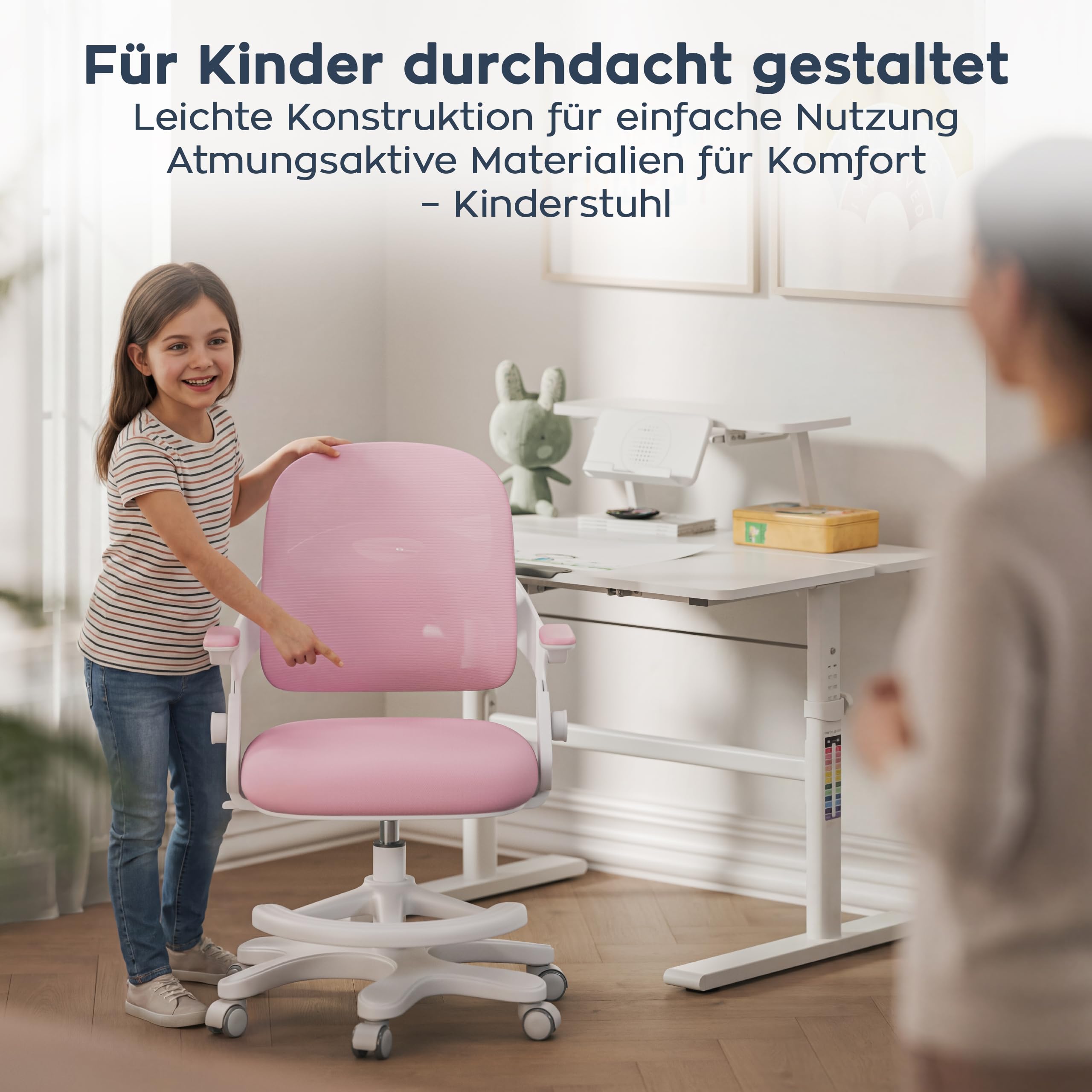 MARK ADLER Junior 4.3 Kinder Bürostuhl – Ergonomischer Kinderdrehstuhl | Mitwachsender Kinderstuhl 90–150 cm – Verstellbare Rückenlehne – Mit Fußstütze – Klappbare Armlehnen 0–90° - Rosa