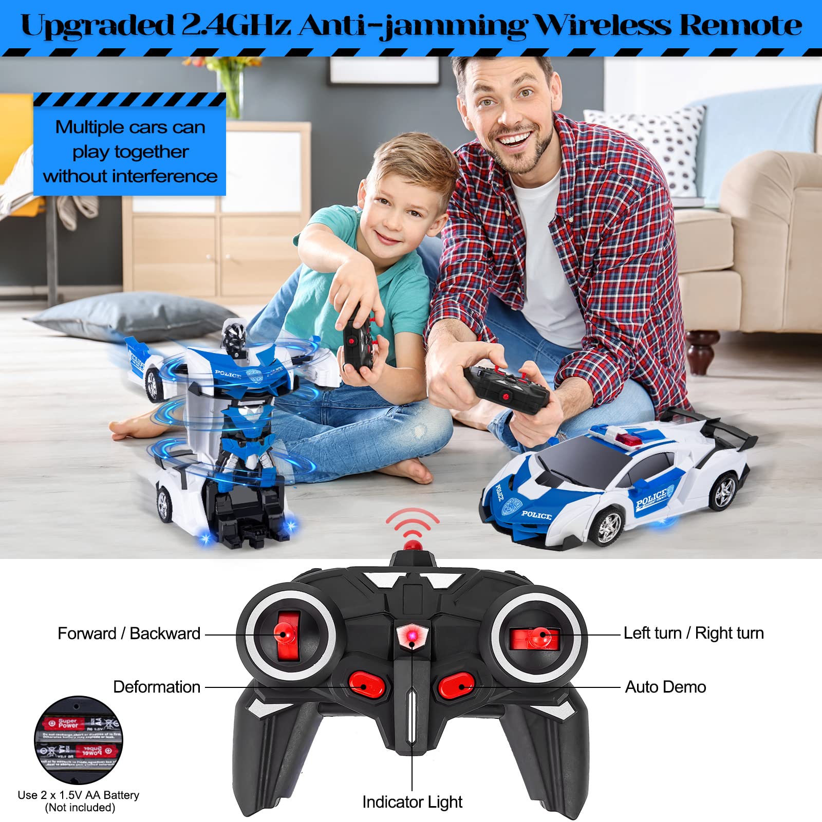 Highttoy Voiture de Police Télécommandée Robot Enfant, 2.4GHz Rotation à 360° Voiture Télécommandé Transformable Transformateur Robot Jouet Cadeau Enfant 3 4 5 6 7 8 Ans Garçon Fille Blanc - 2