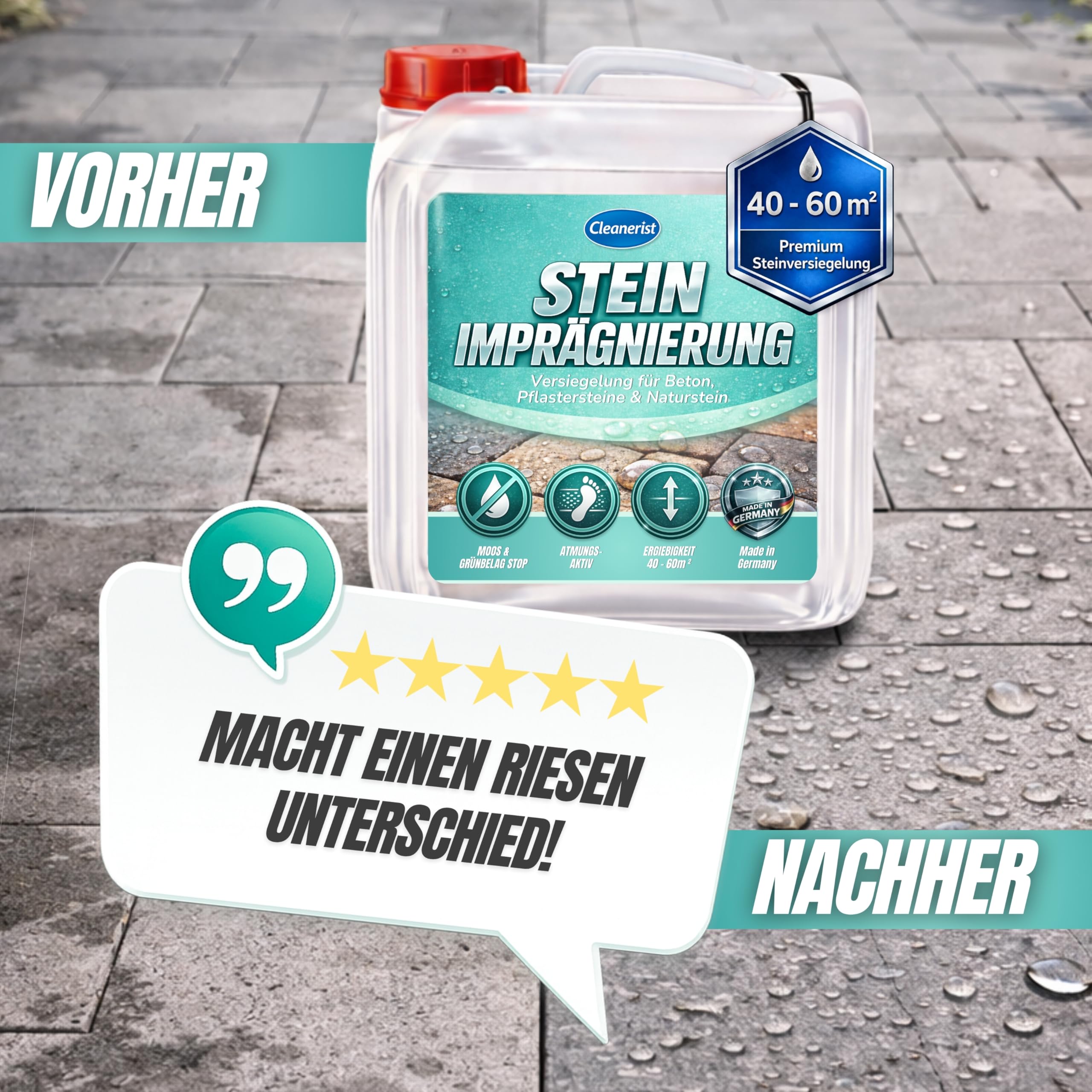 Cleanerist | 5L Steinimprägnierung Versiegelung für Pflastersteine Beton & Naturstein – Wasserabweisender Schutz gegen Moos Grünbelag Atmungsaktiver Abperleffekt Terrassen Fassaden Profi Qualität