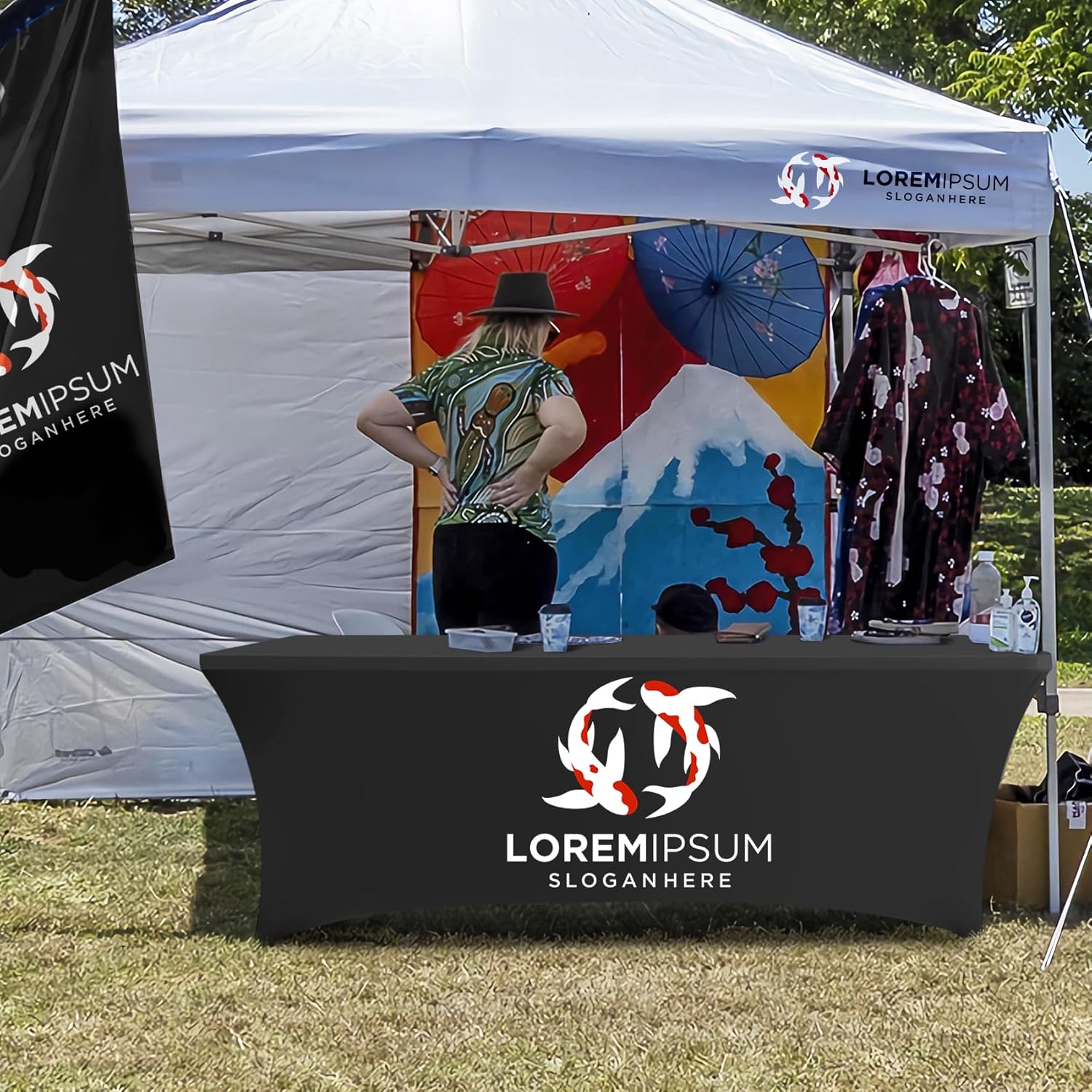 Custom Table Cloth with Business Logo Rectangle 6FT 114" x 79" Spandex Customized Table Cover Stretch Tablecloth with Text Image Photo Sign Personalized Runner for Tradeshow Events, Fitted Style