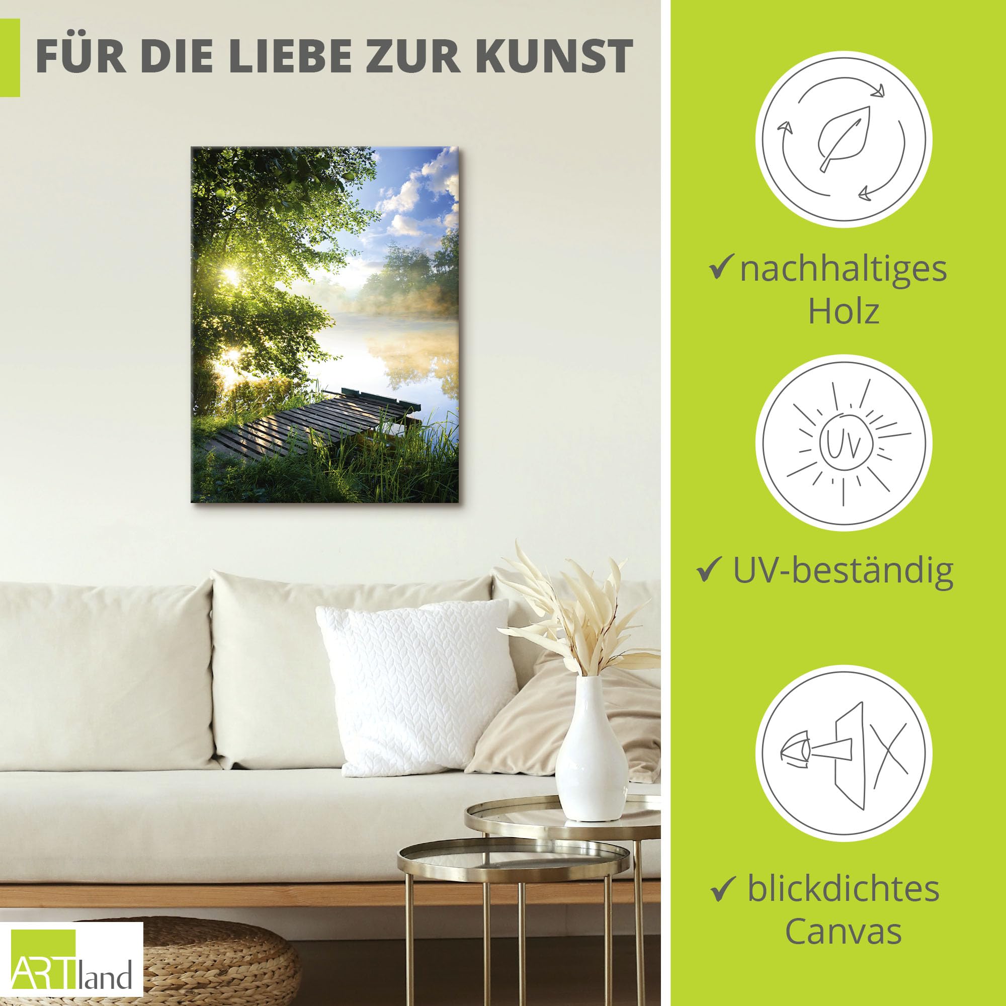 ARTLAND Wanddeko Leinwand Bilder Wandbild 60x80 cm Natur Landschaft Wald Baum See Steg Sommer Sonne Gräser T0WD