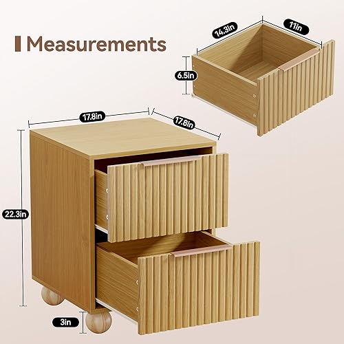 Miniatura 2 de Juego de 2 mesitas de noche acanaladas, con acabado de roble natural con amplios cajones de almacenamiento, mesita de noche con patas redondas de