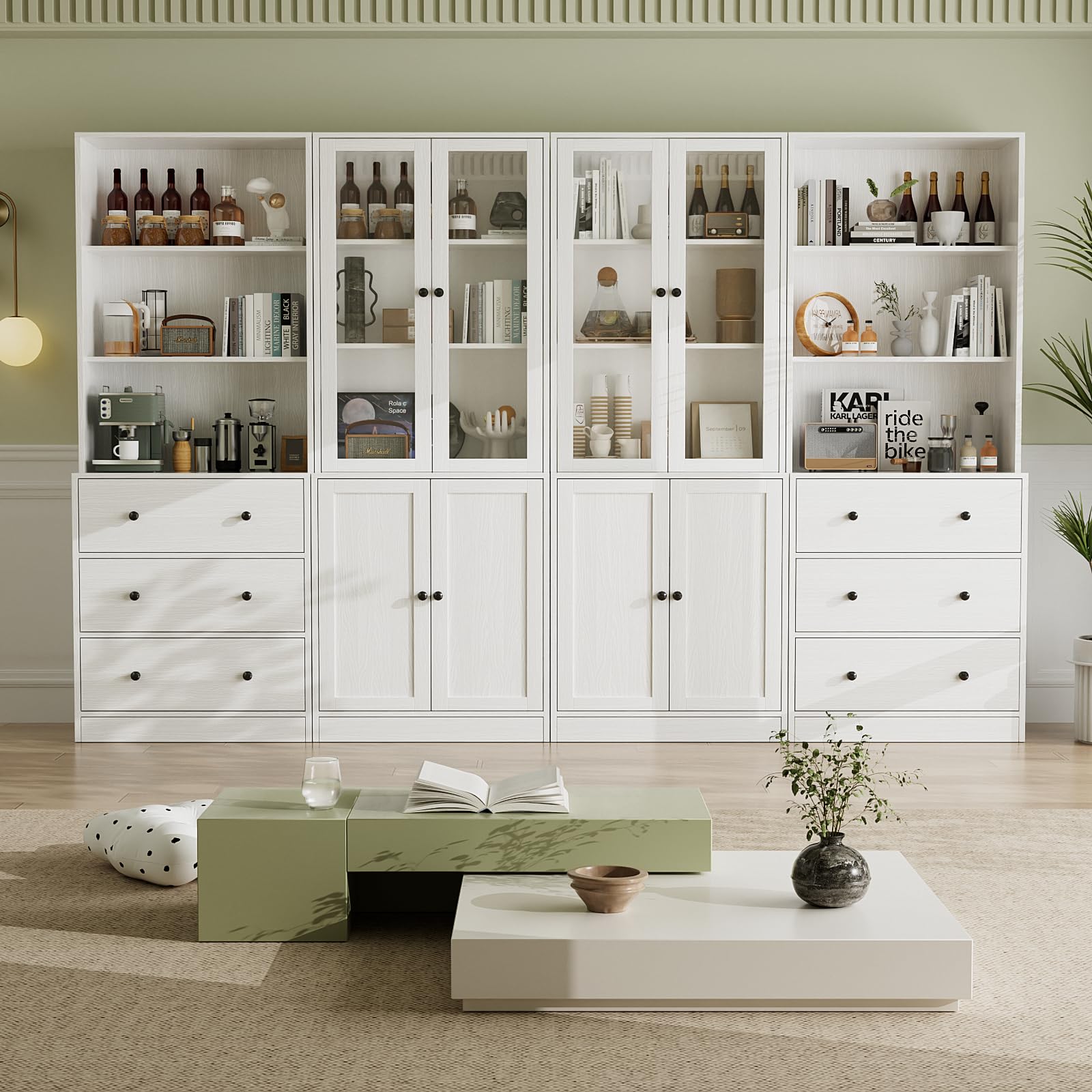 VOWNER Estantería con Puertas, 180 cm Vitrina de Cristal, Librería de 6 Niveles con Puertas y Armario, Vitrina Salón, Aparador Comedor, Aparador Cocina, Estantería Oficina, Baab (Blanco)