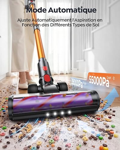 Fieety 80Min/650W/55KPa Aspirateur Balai sans Fil, 1.8L Aspirateur sans Fil Puissant, Brosse Anti-Enchevêtrement, Écran LED, Rechargeable Support Mural, Parfumé, Sols Durs, Tapis - 4