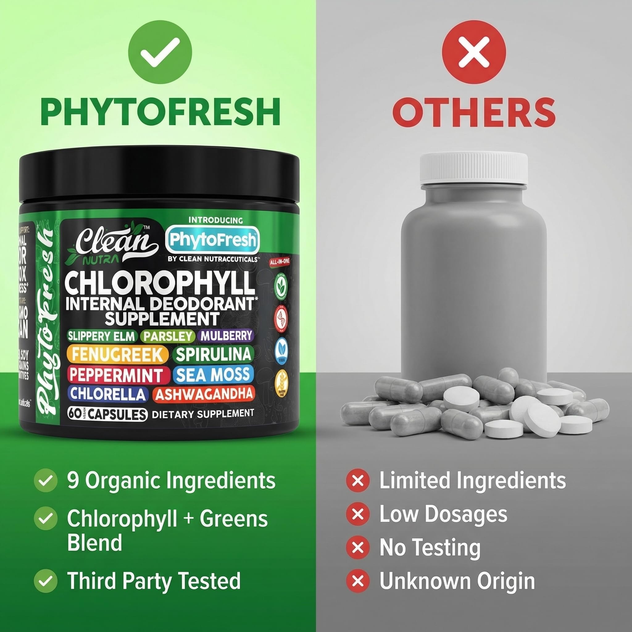 Clean Nutra Chlorophyll Capsules Supplement Internal Deodorant Peppermint, Sea Moss, Parsley, Chlorella, Spirulina, Slippery Elm, Ashwagandha, PhytoFresh Greens Detox Pills