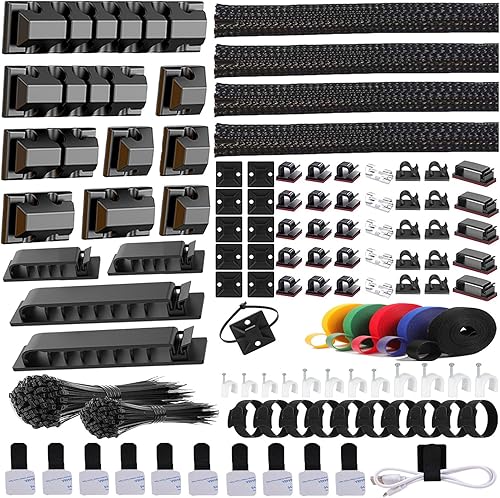 ELII Kit de organización de cables de 327 piezas, 4 fundas para cables, 65 clips para cables con 13 soportes para cables, 25 rollos de correas Negro